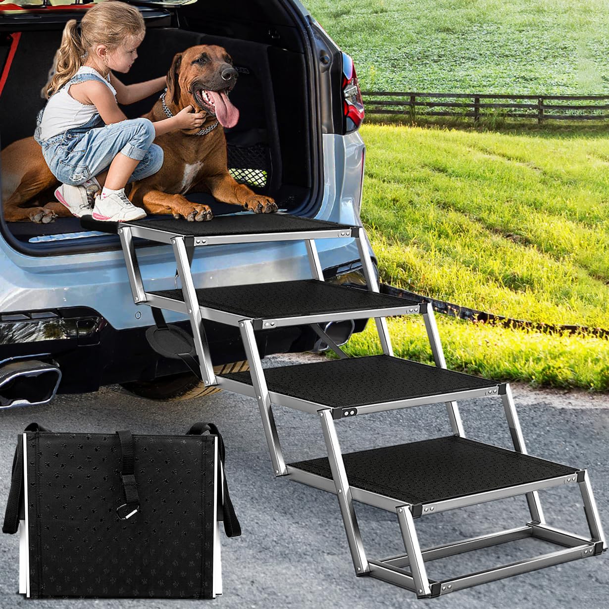 Extra Wide 4-Step Foldable Dog Ramp for Cars, SUVs & Trucks - Lightweight Aluminum Pet Steps for Large Dogs Up to 200lbs - Perfect for High Beds, Vehicles & Outdoor Adventures