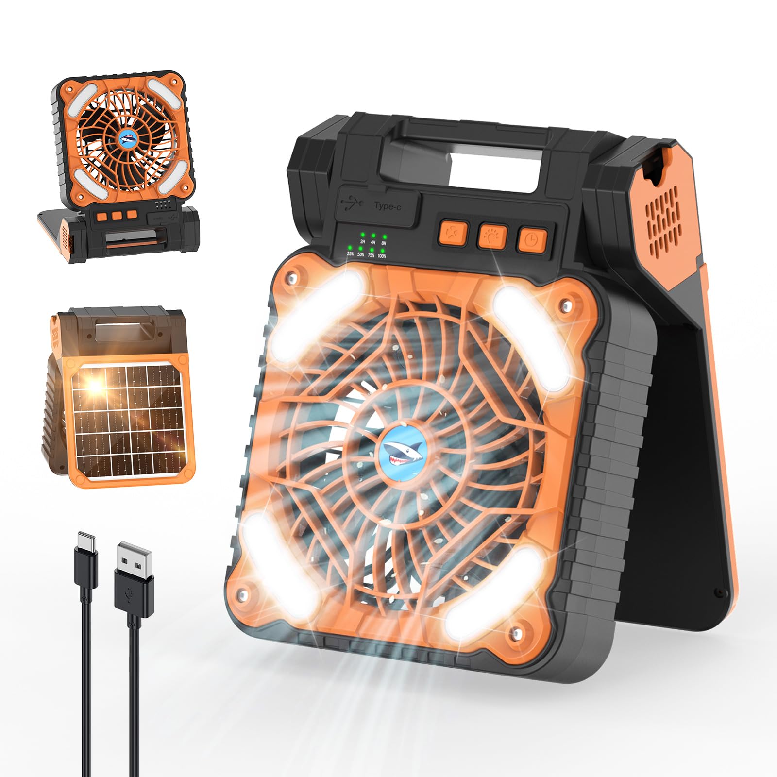 Smiling Shark Portable Camping Fan with LED Lantern - 4 Speed Adjustable, 6000mAh Solar Rechargeable Battery, 90° Foldable Design, Power Bank Function & 3 Timer Settings - Perfect for Camping, Fishing, Hiking, Tent Use, Outdoor Adventures and Emergency Lighting