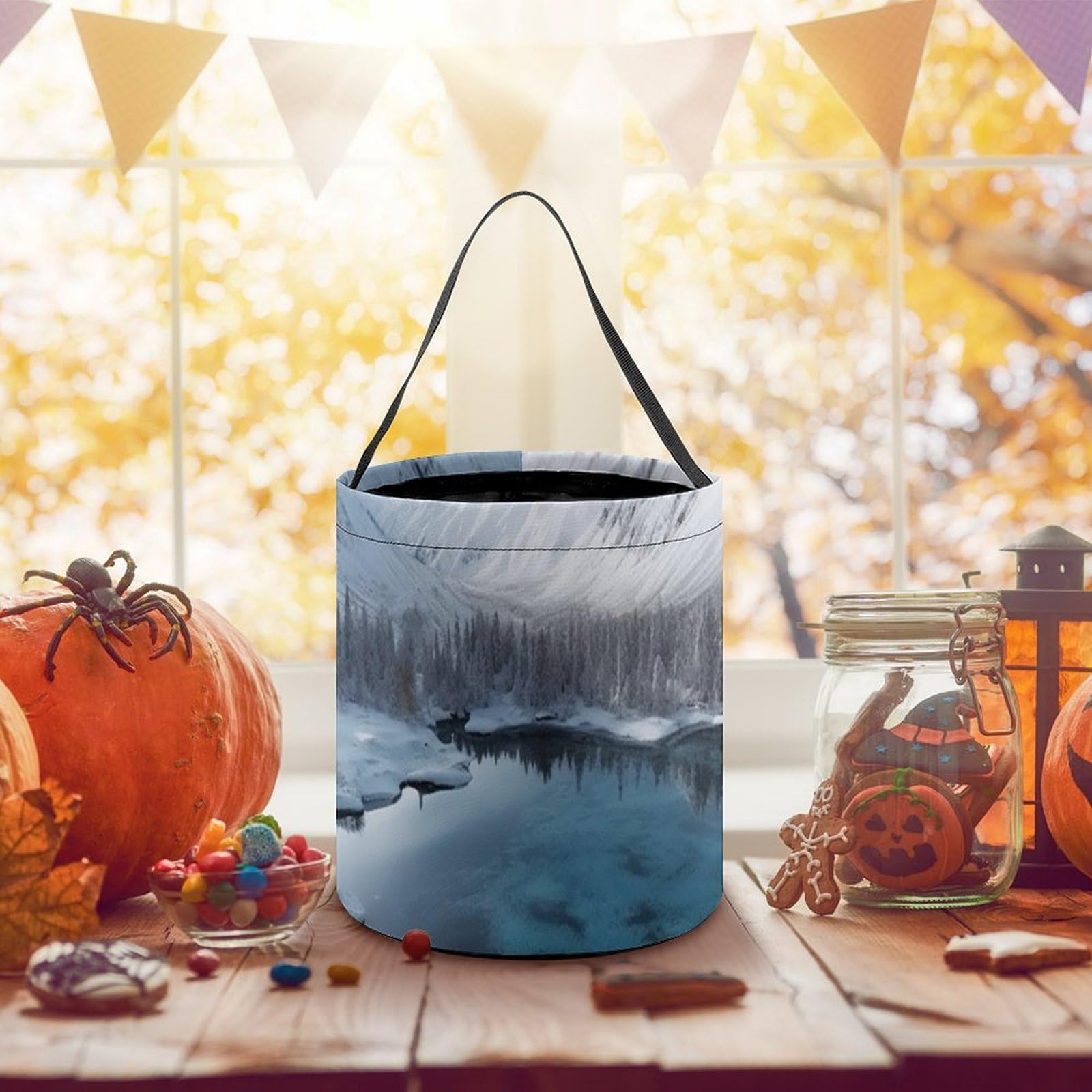 Halloween Trick or Treat Buckets - Reusable Collapsible Candy Tote Bags with Handles, Winter Snow Mountain Print Design for Kids & Adults - Perfect for Halloween Parties, Trick-or-Treating, and Holiday Gift Giving