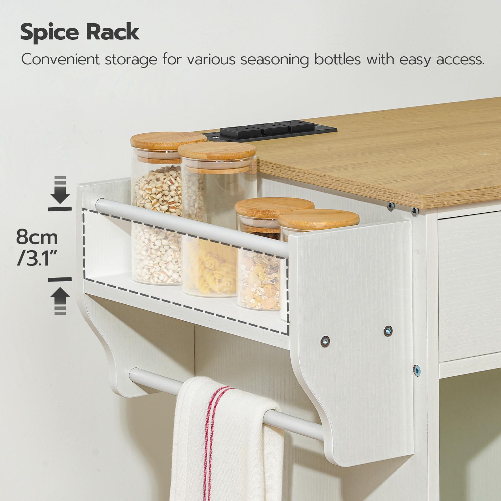HOOBRO White and Natural Kitchen Island with Trash Can Storage, Rolling Mobile Kitchen Cart on Wheels with Power Outlet - Fits 10 Gallon Garbage Bin | Perfect for Small Kitchens, Apartments & Home Organization