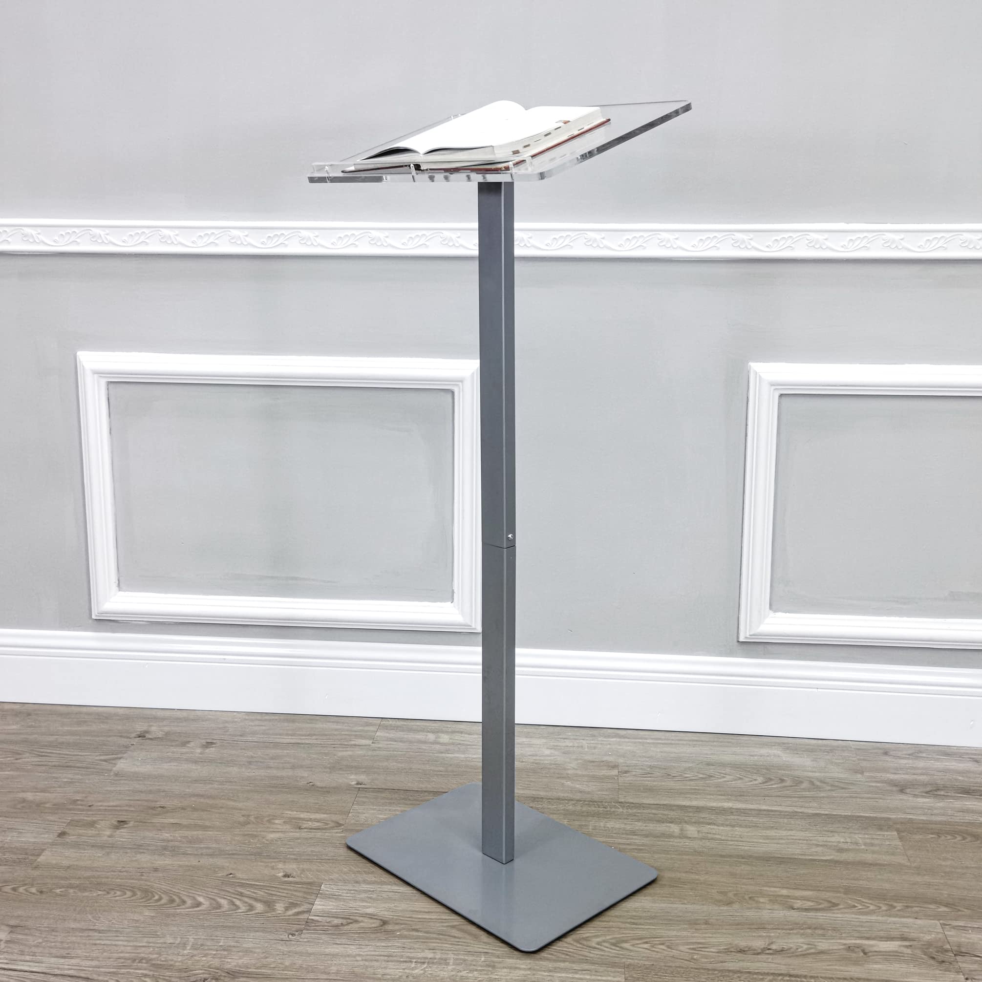 FixtureDisplays® Clear Acrylic Podium with Silver Aluminum Base - 119741-NF Floor Standing Display for Events, Presentations & Retail Displays
