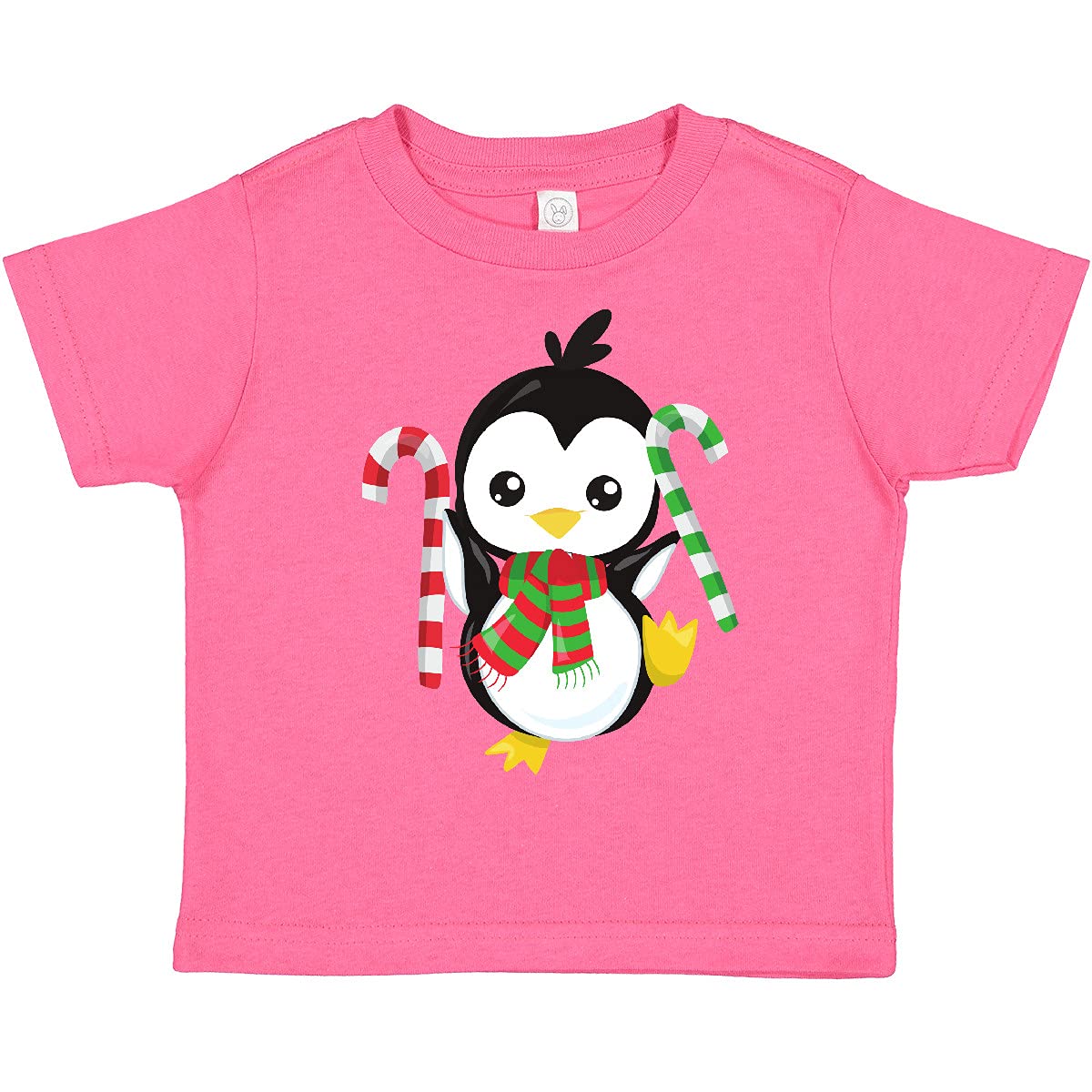 Inktastic Christmas Penguin Toddler T-Shirt - Cute Penguin with Scarf & Candy Cane Design - Perfect for Holiday Parties, Family Photos & Festive Gift Giving