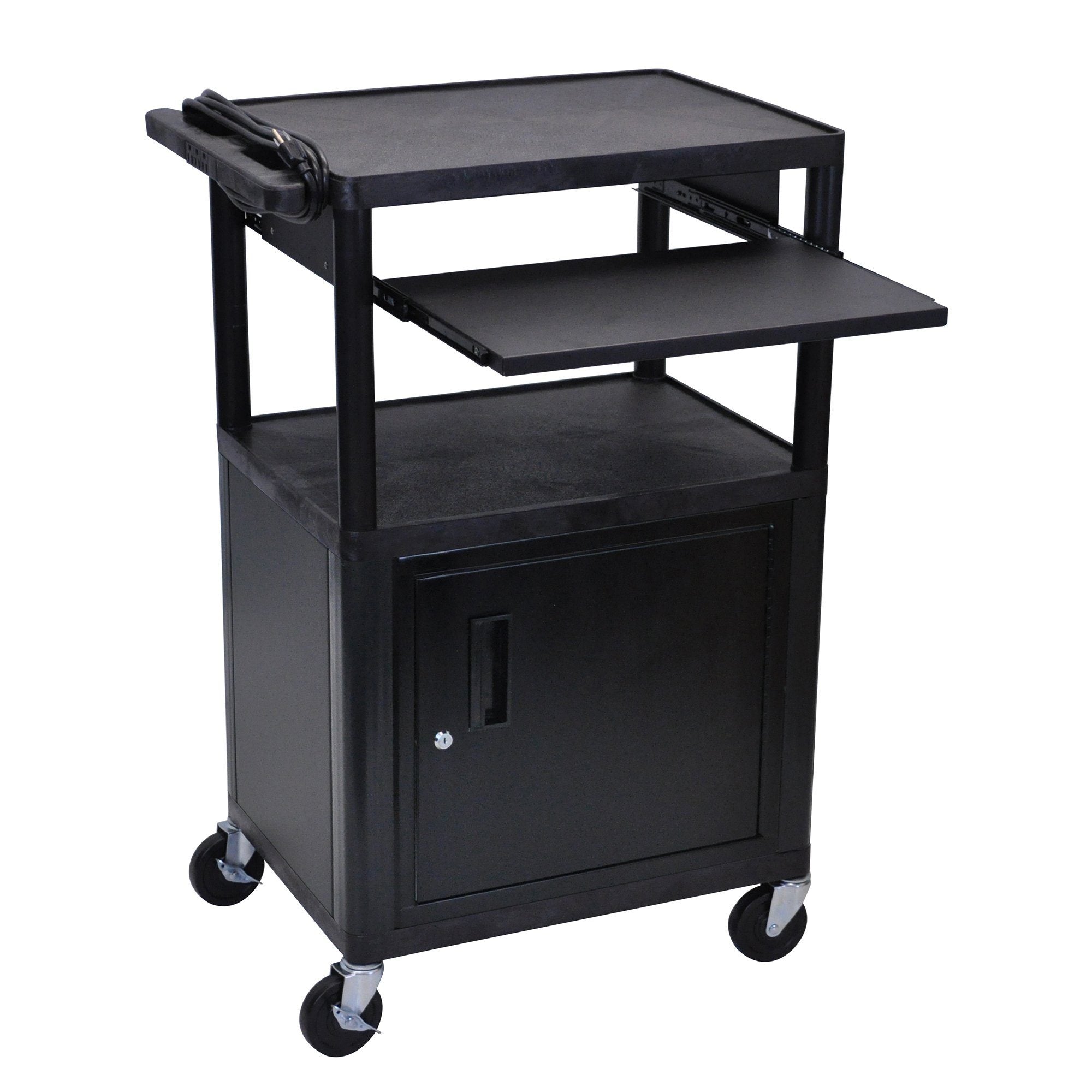 Luxor Endura Black 3 Shelf Presentation Cart with Cabinet & Pullout Shelf - Mobile Storage Solution for Office, Classroom, or Retail Display