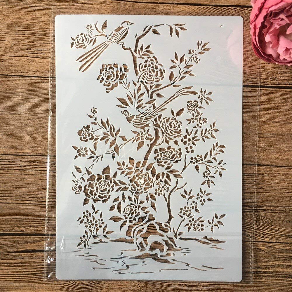 Reusable A4 29cm Rose & Birds Painting Stencils for DIY Crafts, Wall Art, Home Decor - Perfect for Canvas Painting, Scrapbooking & Furniture Upcycling