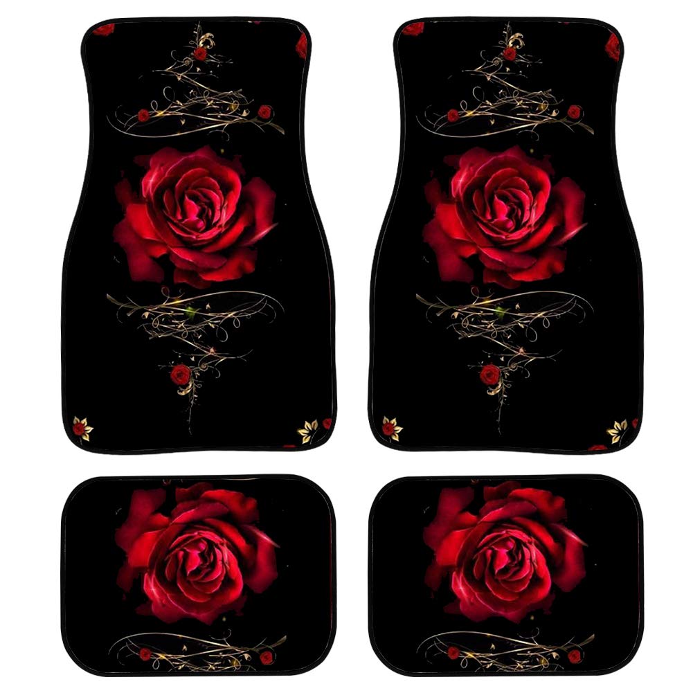 Premium Red Rose Auto Floor Mats - Non-Slip Floral Car Floor Carpets for Front & Back Seats | Anti-Dirty Foot Pad Rug with Rose Design | Perfect Women's Car Accessories for Sedans, SUVs & Daily Commute