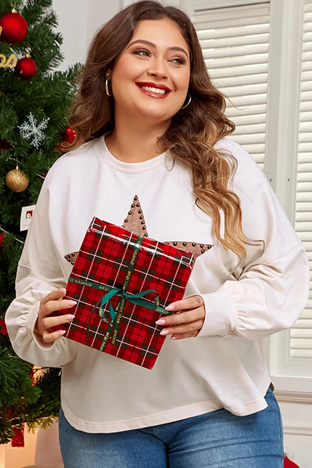 Plus Size Studded Star Round Neck Long Sleeve Blouse for Women - Fashionable & Comfortable Tops for Casual Wear, Office, and Evening Outfits