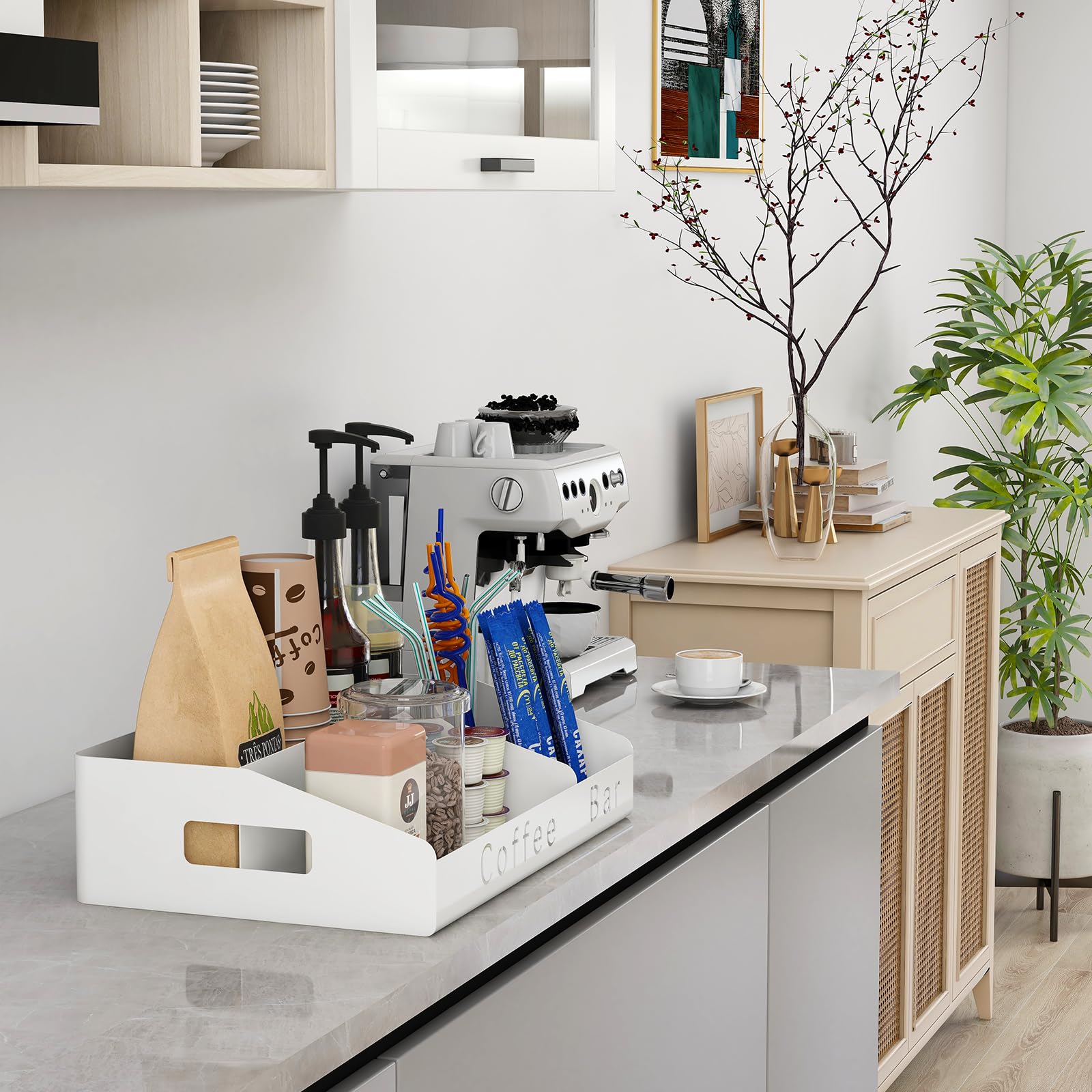 Metal Coffee Bar Organizer - Countertop Coffee Station Organizer with K-Cup Holder, Syrup & Stirrer Storage Basket (White) | Perfect for Kitchen Counter, Office Breakroom & Coffee Shop Organization