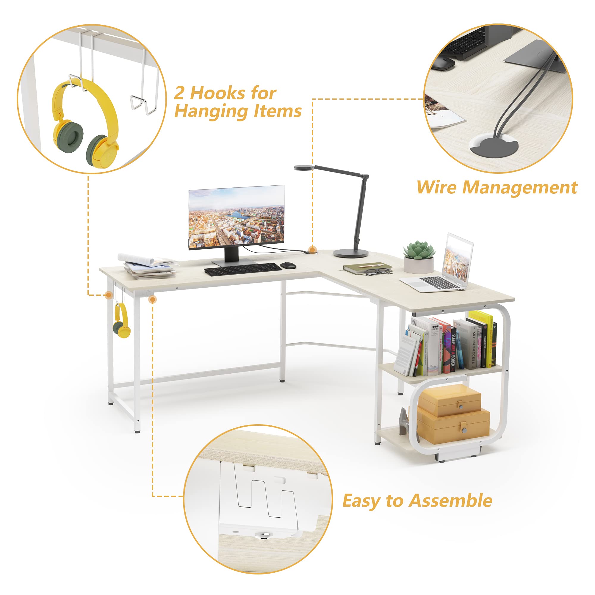 L Shaped Desk with Storage Shelves - Reversible Corner Computer Desk for Home Office & Gaming - Modern L-Shaped Workstation with Spacious Desktop (Beige) - Perfect for Small Spaces, Remote Work & PC Gaming Setups