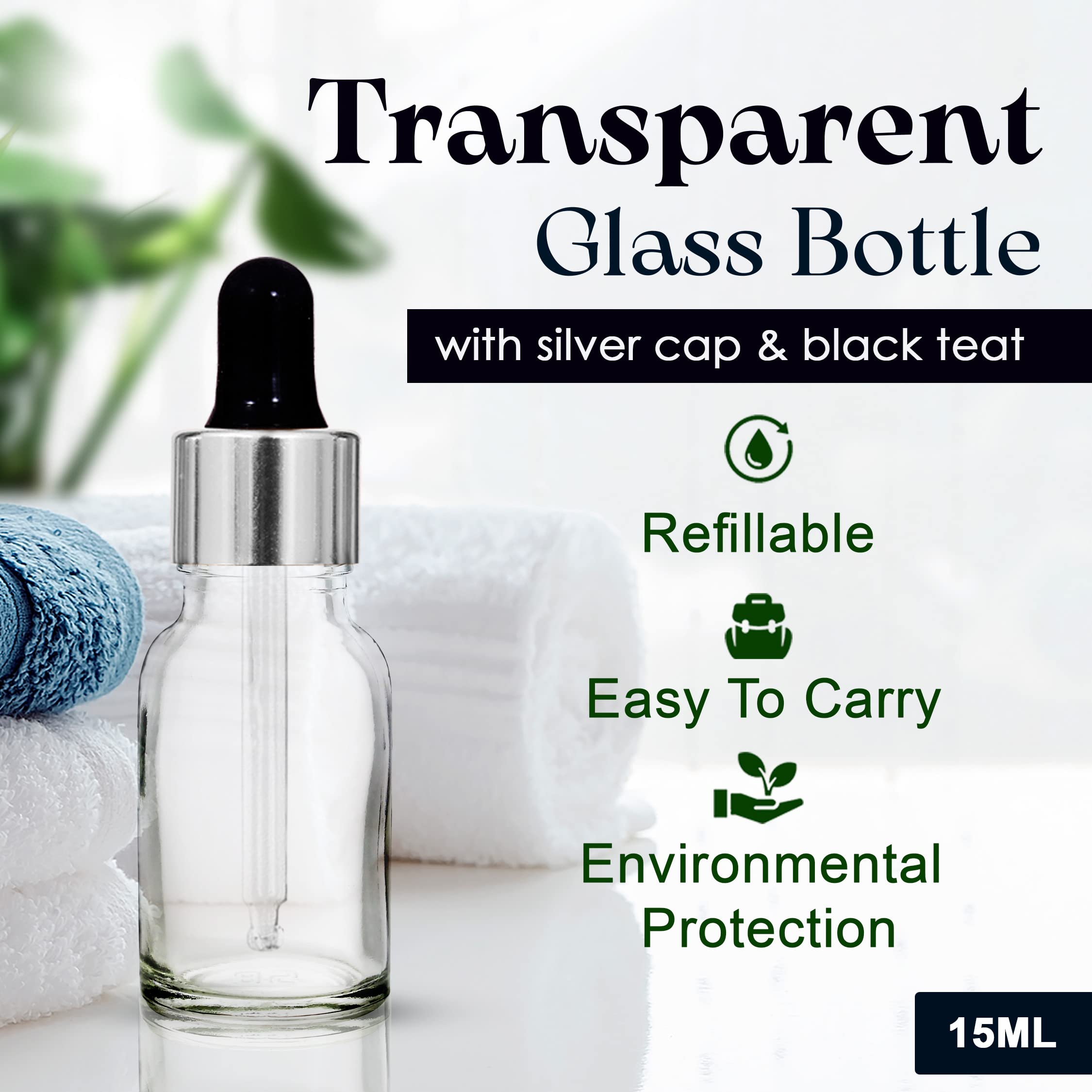 NSB Herbals 15ml Clear Round Empty Glass Bottle with Glass Dropper, Silver Ring & Black Silicone Teat - Refillable for Essential Oils, Perfumes, DIY Beauty (Pack of 3) | Perfect for Aromatherapy, Travel & Home Fragrance