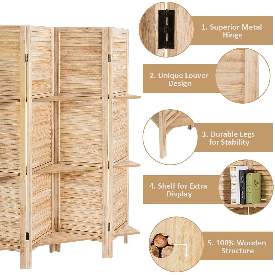 HappyGrill 4 Panel Folding Room Divider with Display Shelf - 5.6 Ft Tall Natural Wood Privacy Screen for Home, Office & Dorm - Perfect for Room Separation, Space Partition & Decorative Storage