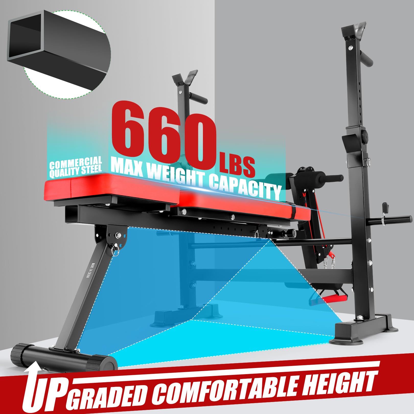 OPPSDECOR 8-in-1 Adjustable Weight Bench Set - 660lbs Capacity Olympic Workout Bench with Squat Rack, Leg Developer & Preacher Curl - Foldable Home Gym Equipment for Strength Training & Full Body Workouts