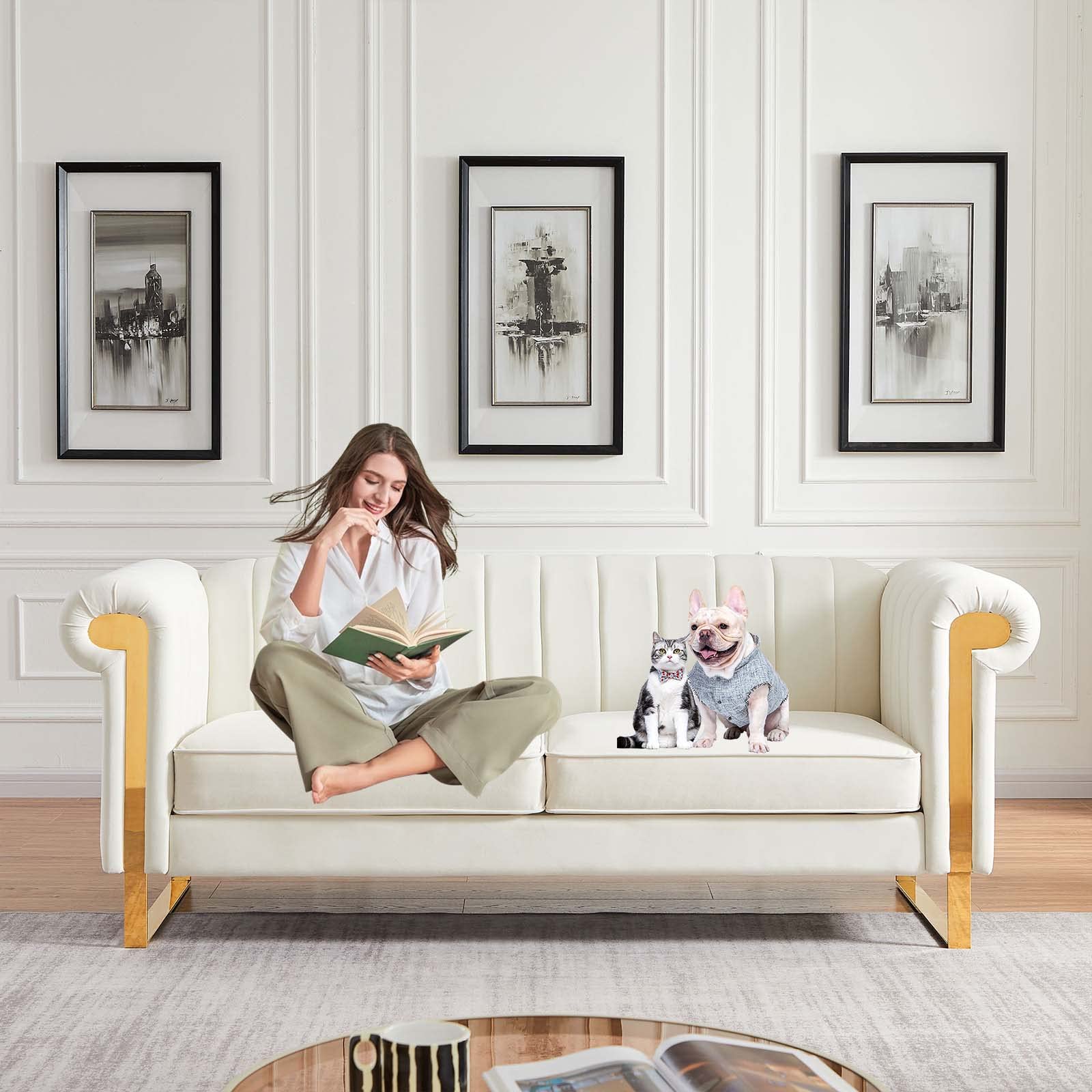 83'' Chesterfield Velvet Tufted Sofa with Gold Metal Legs - Mid Century Modern Upholstered Couches with Flared Arms & Removable Cushions for Living Room, Apartment, Office - Perfect for Home Decor, Lounge Relaxation & Elegant Entertaining (Beige)