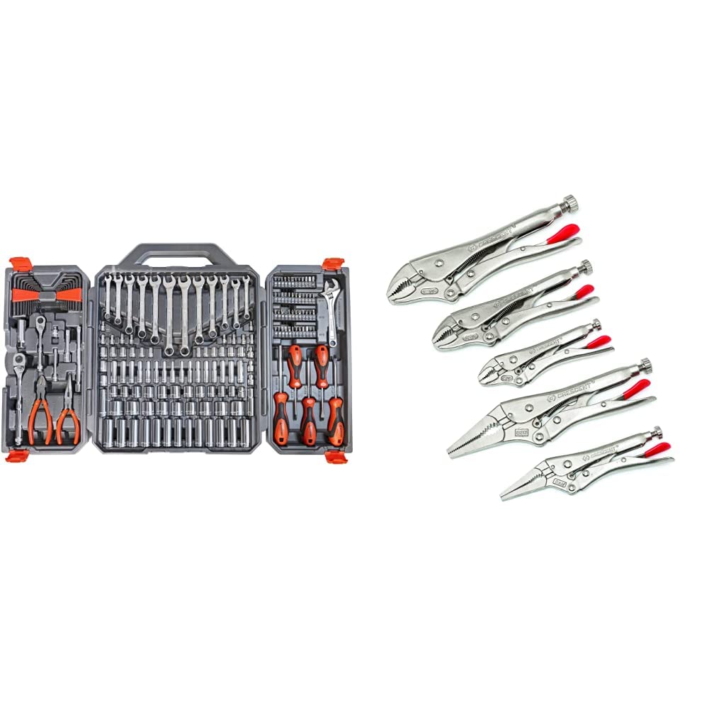 Crescent 180-Piece Professional Tool Set with Storage Case (CTK180) & 5-Piece Curved/Long Nose Locking Pliers Set (CLP5SETN-08) - Complete Home Repair, Automotive, and DIY Project Tool Kit for Mechanics and Handymen