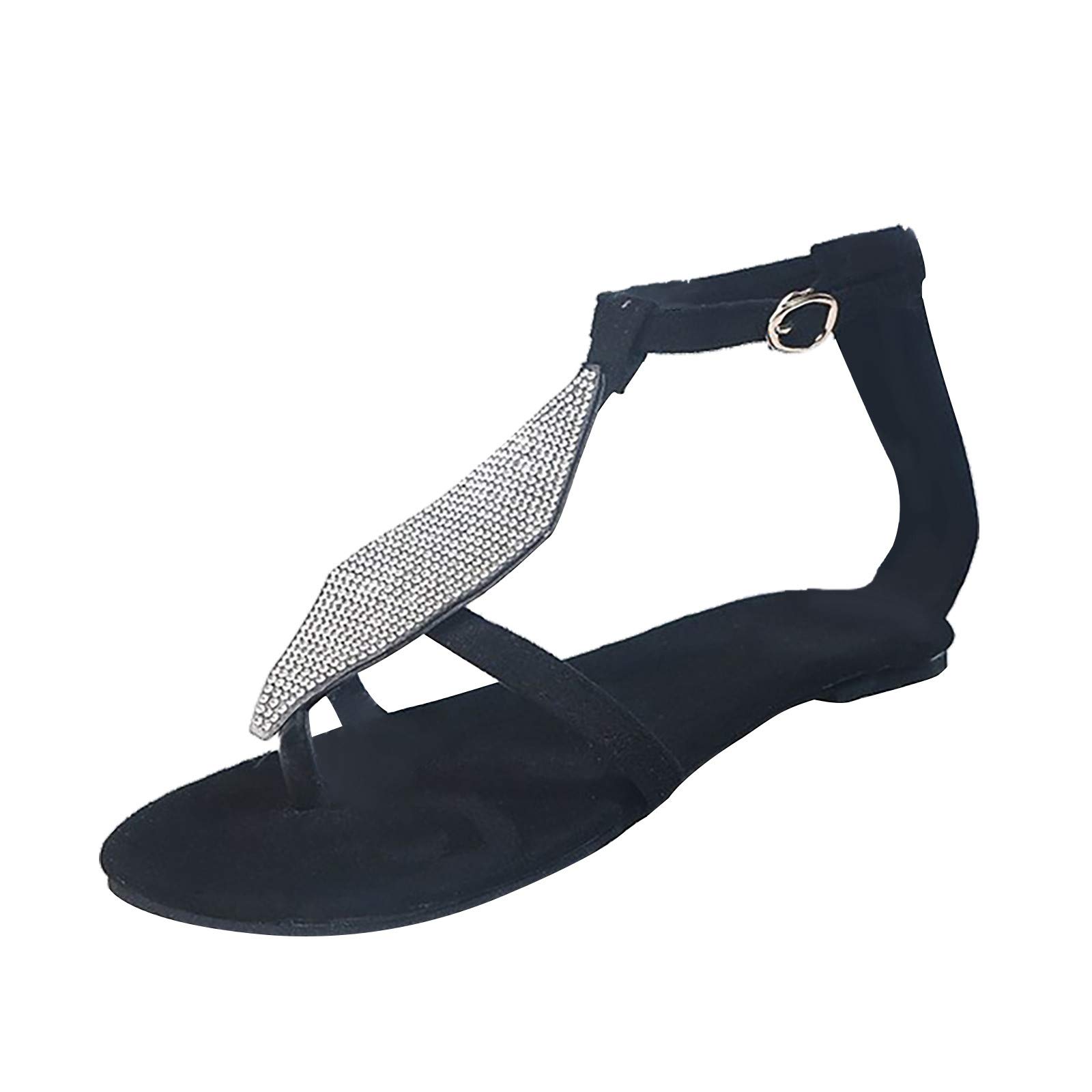 Women's Gladiator T-Strap Flat Sandals - Rhinestone Sparkling Bohemian Sandals for Party, Beach, Vacation & Summer Outfits