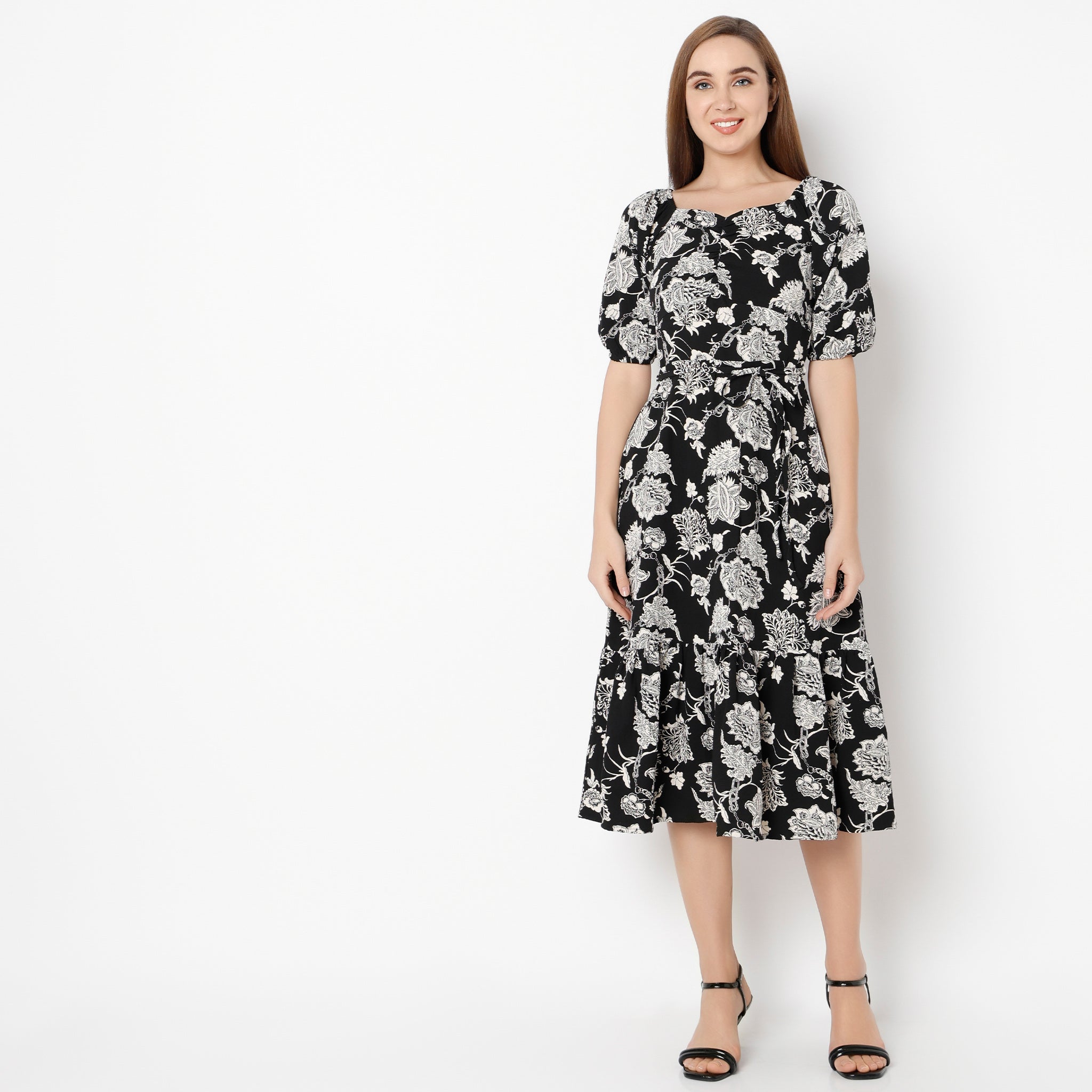 Floral Print Sweetheart Neck Knee Length Dress - Elegant Summer Party & Wedding Guest Dress for Women