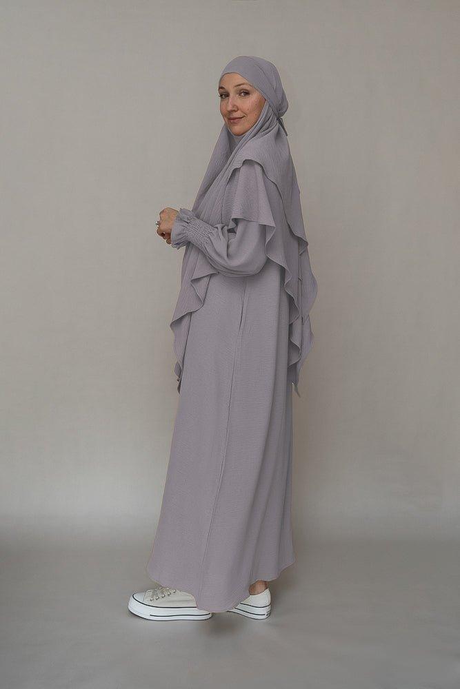 Light Gray Wrinkle-Free Prayer Gown Abaya Dress for Women - Modest Islamic Prayer Outfit for Home & Mosque Worship
