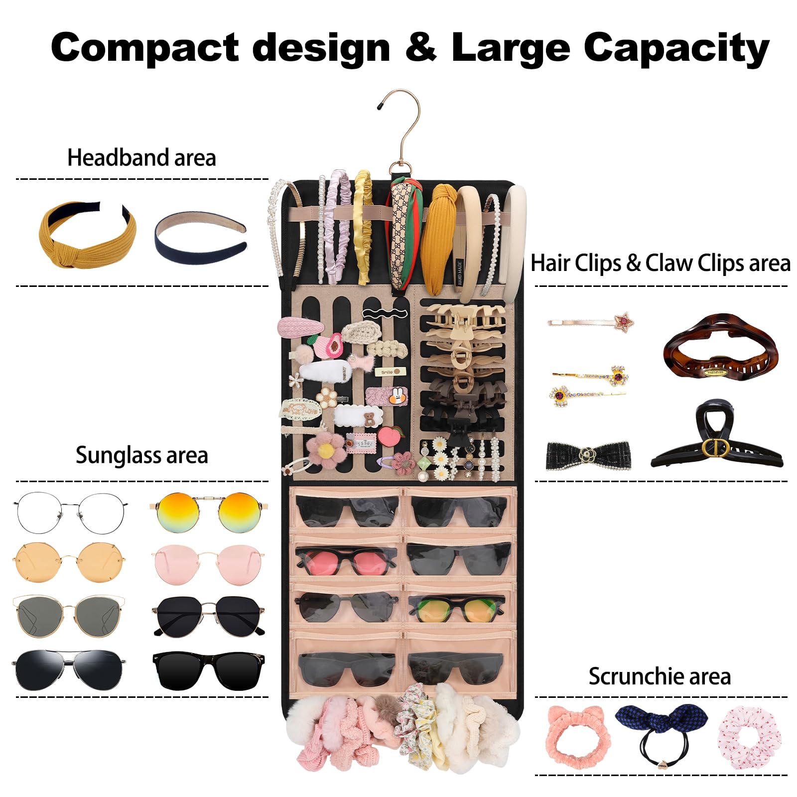Double-Sided Hanging Hair Accessory Organizer for Women & Girls - Perfect for Clips, Headbands, Sunglasses & Jewelry | Bathroom, Bedroom & Travel Storage Solution