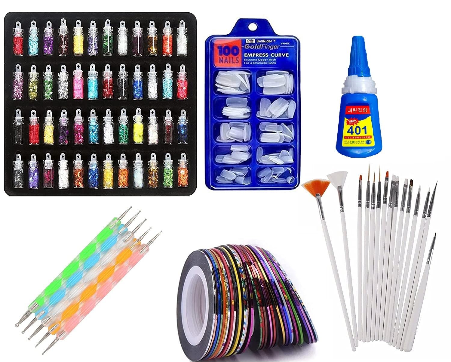 Premium 48-Piece Nail Art Kit with Glitter Stones, 100 Fake Nails, 10 Decorative Tapes, 15 Brushes & 5 Dotting Pens - Complete DIY Manicure Set for Home Salon, Parties & Gift Giving
