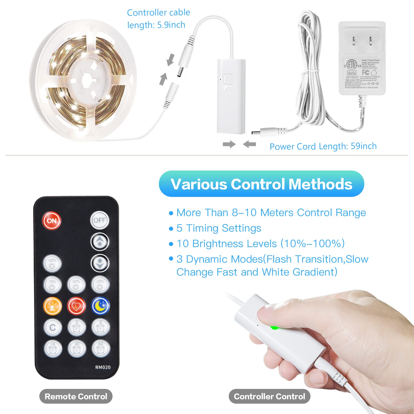 Wobsion 16.4ft White LED Strip Lights with Bluetooth & IR Remote Control - 300 LEDs Dimmable Rope Light, 12V Self-Adhesive Tape Lights (6000K Cool White) - Perfect for Bedroom, Kitchen Cabinet, Mirror, TV Backlight & Party Decor