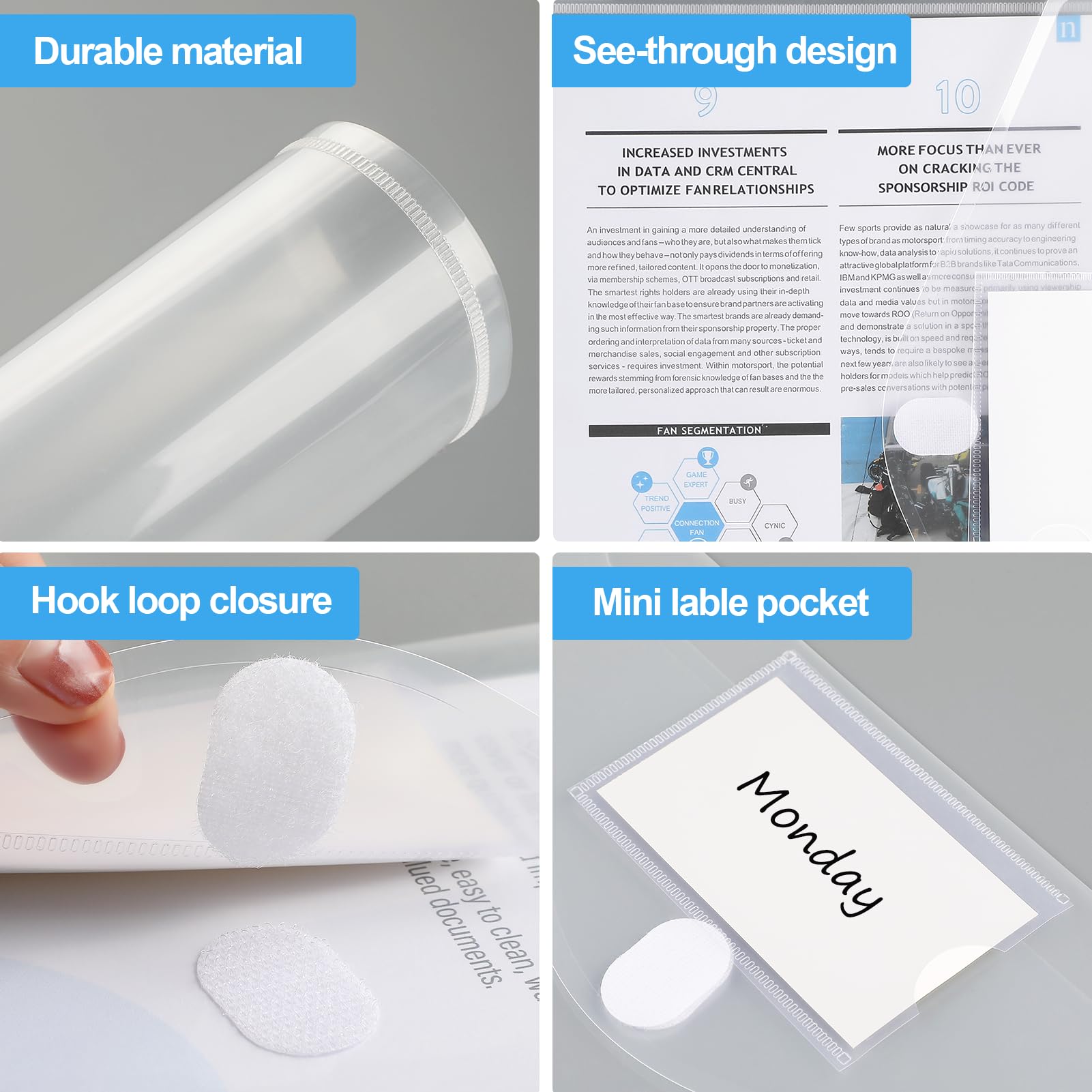 KTRIO 8-Pack Heavyweight Clear Side Loading Binder Pockets with Hook & Loop Closure - 3 Ring Binder Organizer Inserts for Letter Size Documents | Perfect for School, Office & Home Organization