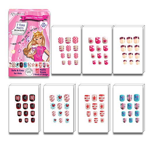 MayQueen 7PACK 84 Tips Artificial Junior False Nails for Kids - Pre-Glued Sticker Nails with Easy Application (7 Day Wear) - Perfect for Birthday Parties, Playdates & Dress-Up
