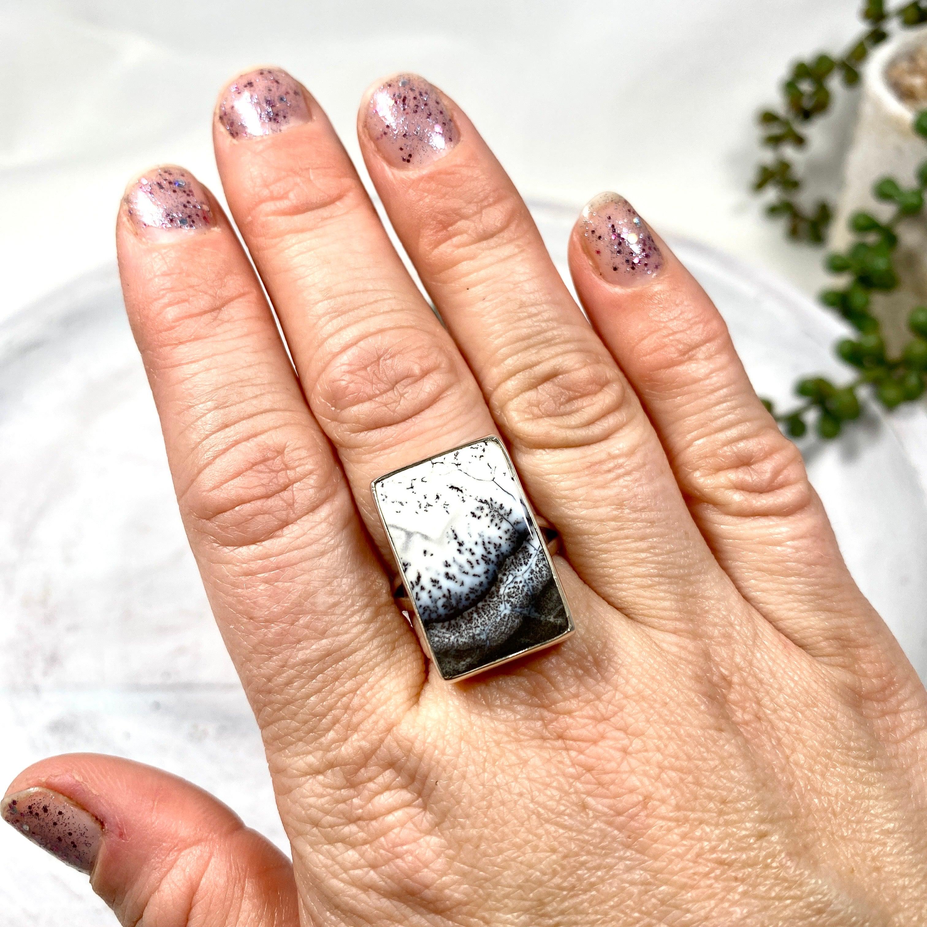 Dendritic Opal Rectangular Ring Size 9 KRGJ2293 - Elegant Handmade Jewelry for Women, Perfect for Weddings, Parties & Special Occasions