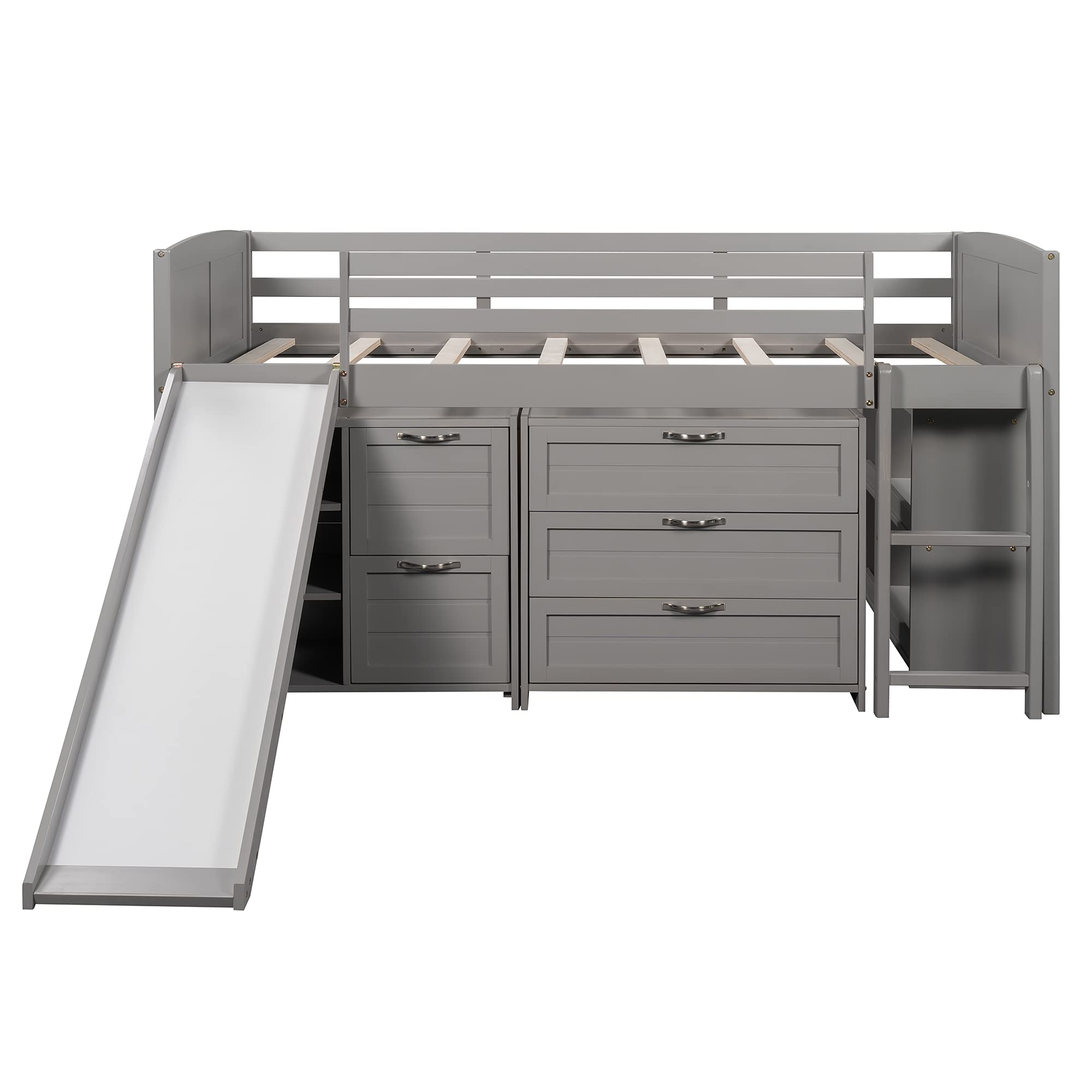 Solid Wood Low Loft Bed Frame with Slide & Storage - Twin Size Study Loft Bed with Cabinet, Drawers & Shelves for Kids, Teens, Boys & Girls - Perfect for Small Bedrooms, Playrooms & Dorm Rooms (Gray)