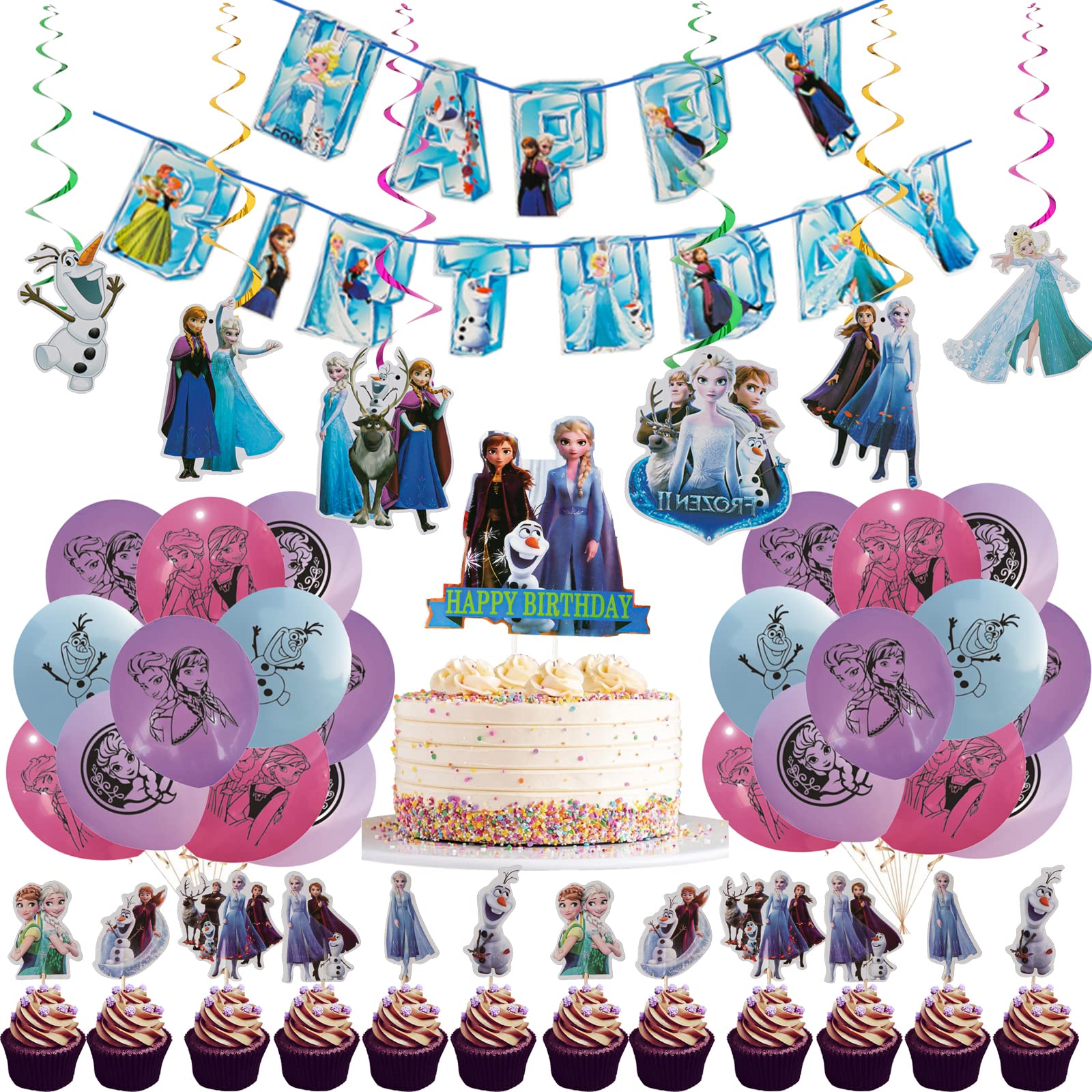 Frozen Winter Theme Birthday Party Supplies for Kids - Happy Birthday Banner, Balloons, Swirls & Cupcake Toppers | Complete Party Decorations Set for Winter Birthday Celebrations & Disney Frozen Themed Events