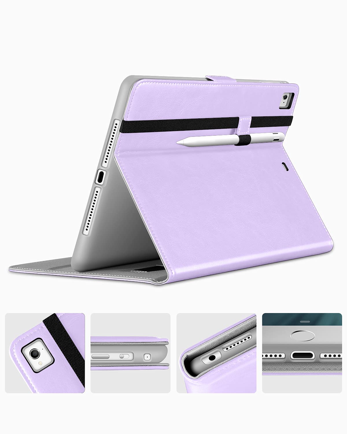 Premium Leather Folio Stand Cover Case for iPad 9.7 Inch (5th/6th Gen 2018/2017 & iPad Pro 9.7/Air 2/Air) with Apple Pencil Holder - Lavender | Slim Protective iPad Case for Work, School & Travel