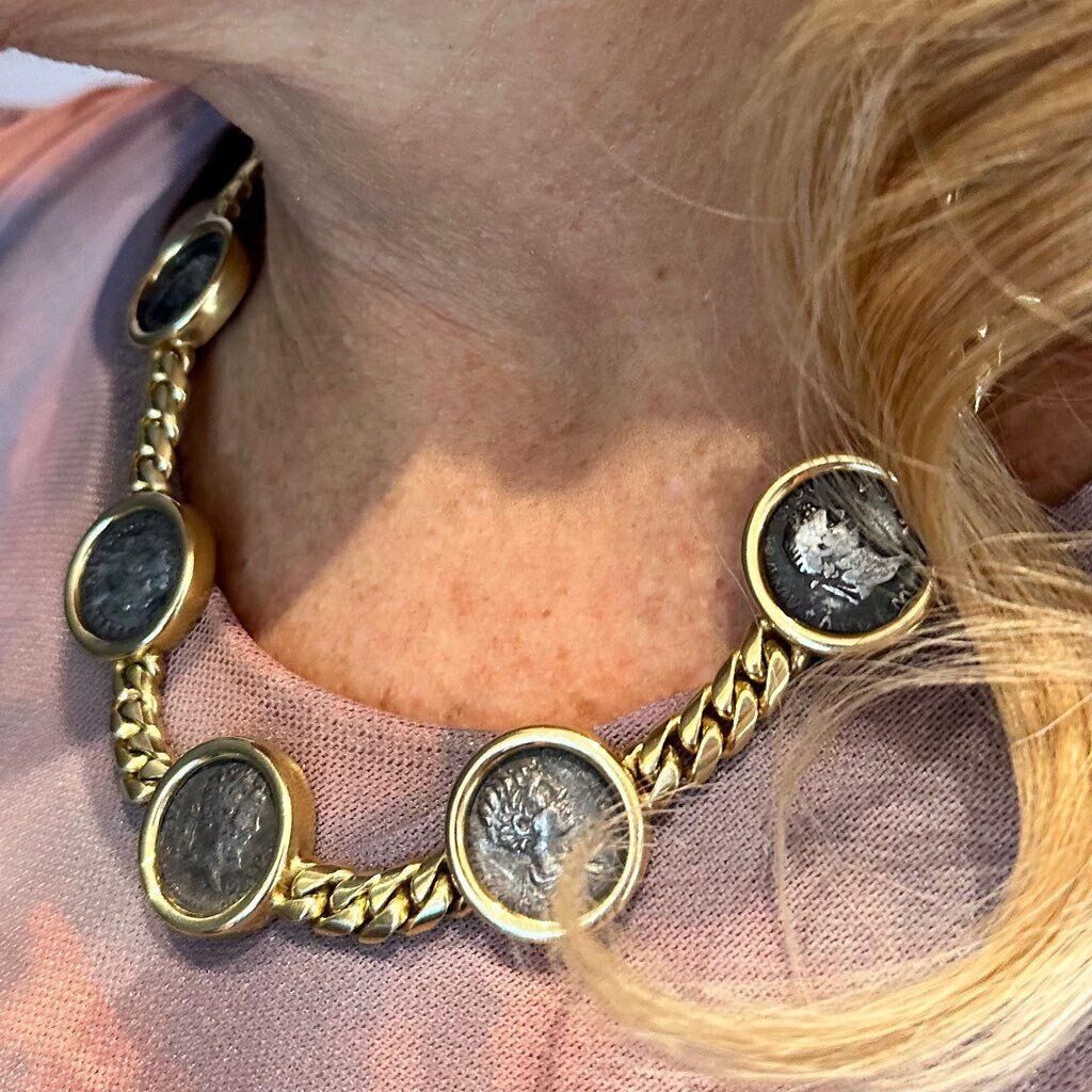 Vintage Bvlgari Bulgari 18k Yellow Gold 7 Antique Coin Monete Link Necklace - Luxury Italian Jewelry for Women, Perfect for Parties & Special Occasions