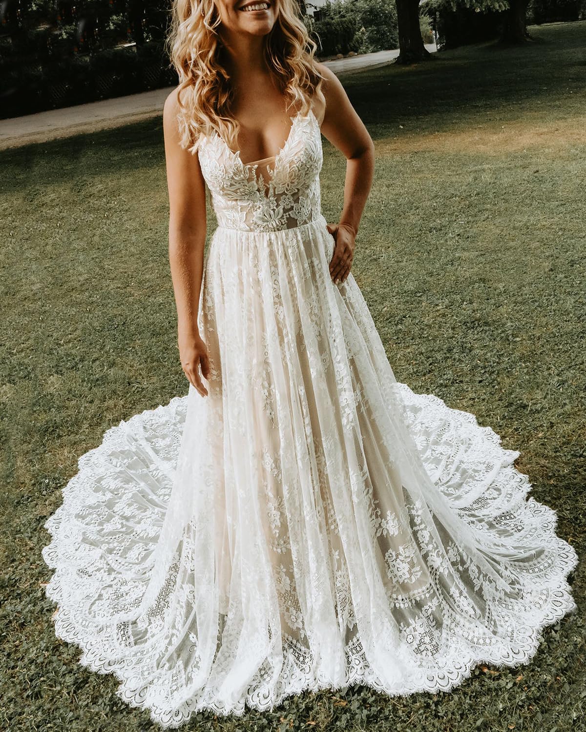 Boho Lace Wedding Dress for Bride - Long Beach Bridal Gown with Spaghetti Straps, V-Neck & Train | Perfect for Beach Weddings, Outdoor Ceremonies & Boho Chic Bridal Looks