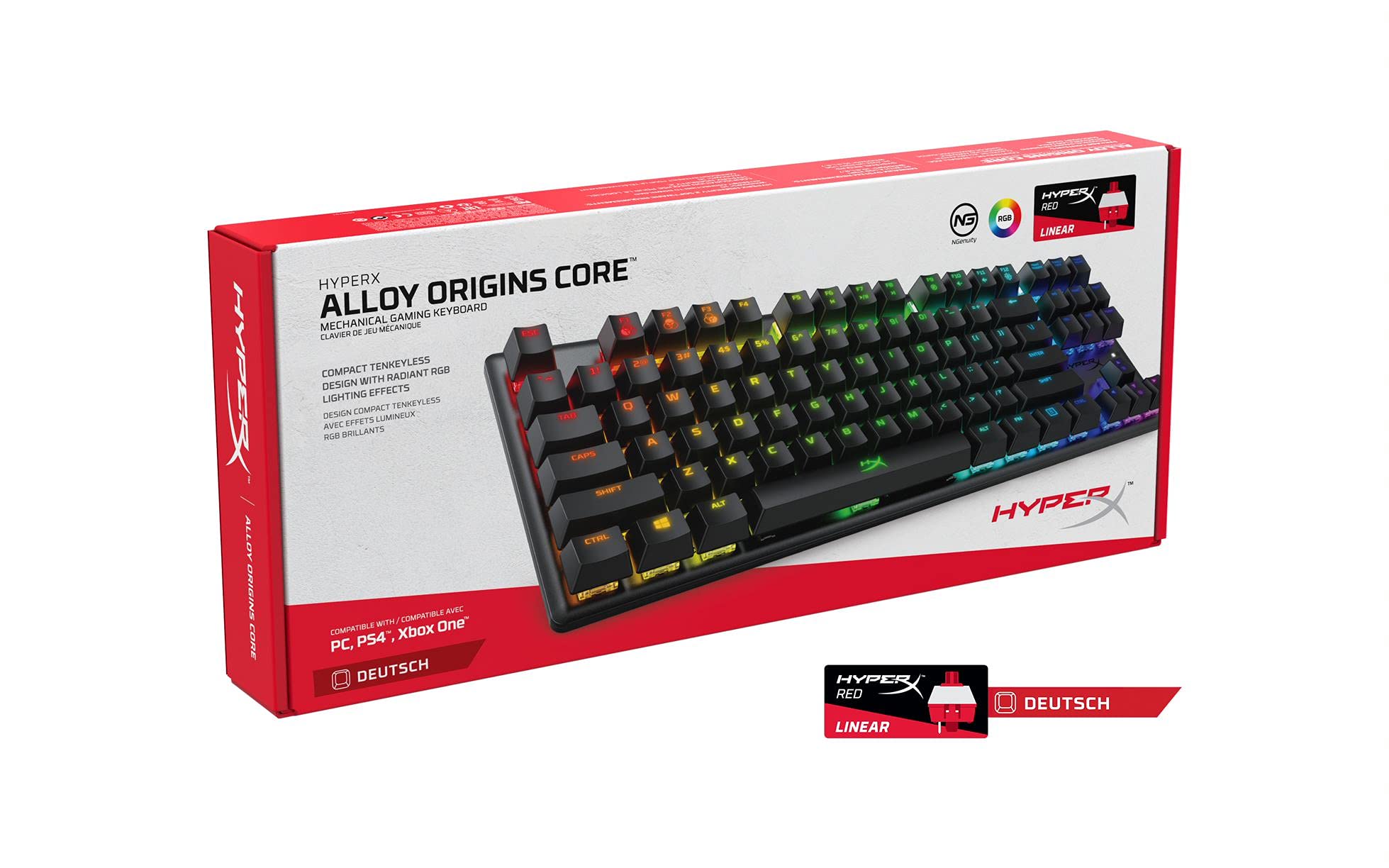 HyperX Alloy Origins Core RGB Mechanical Gaming Keyboard - USB-A, Tenkeyless Design, HyperX Red Switches (DE Layout) for PC, Mac, PS4, PS5 - Perfect for Esports, Gaming & Typing