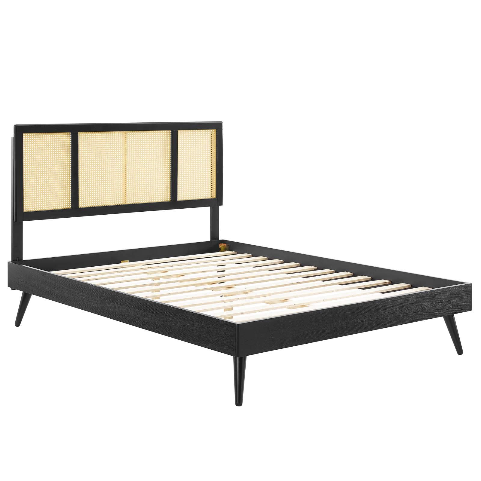 Modway Kelsea Black King Size Platform Bed with Cane Accents & Wood Frame - Sturdy Splayed Legs for Modern Bedroom Decor | Perfect for Master Bedrooms & Guest Rooms