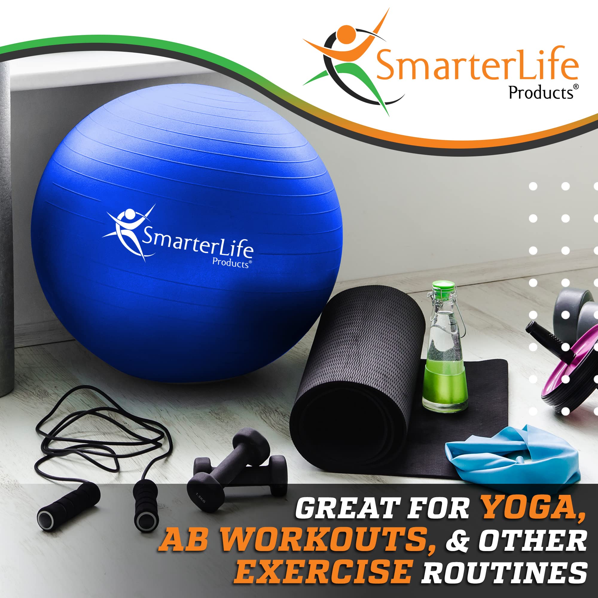 SmarterLife Exercise Ball - Anti-Burst Yoga Ball for Fitness, Core Workout, Balance Training & Physical Therapy | Pregnancy Support, Office Yoga Ball Chair | Non-Slip Stability Ball for Home Gym, Pilates & Postnatal Recovery