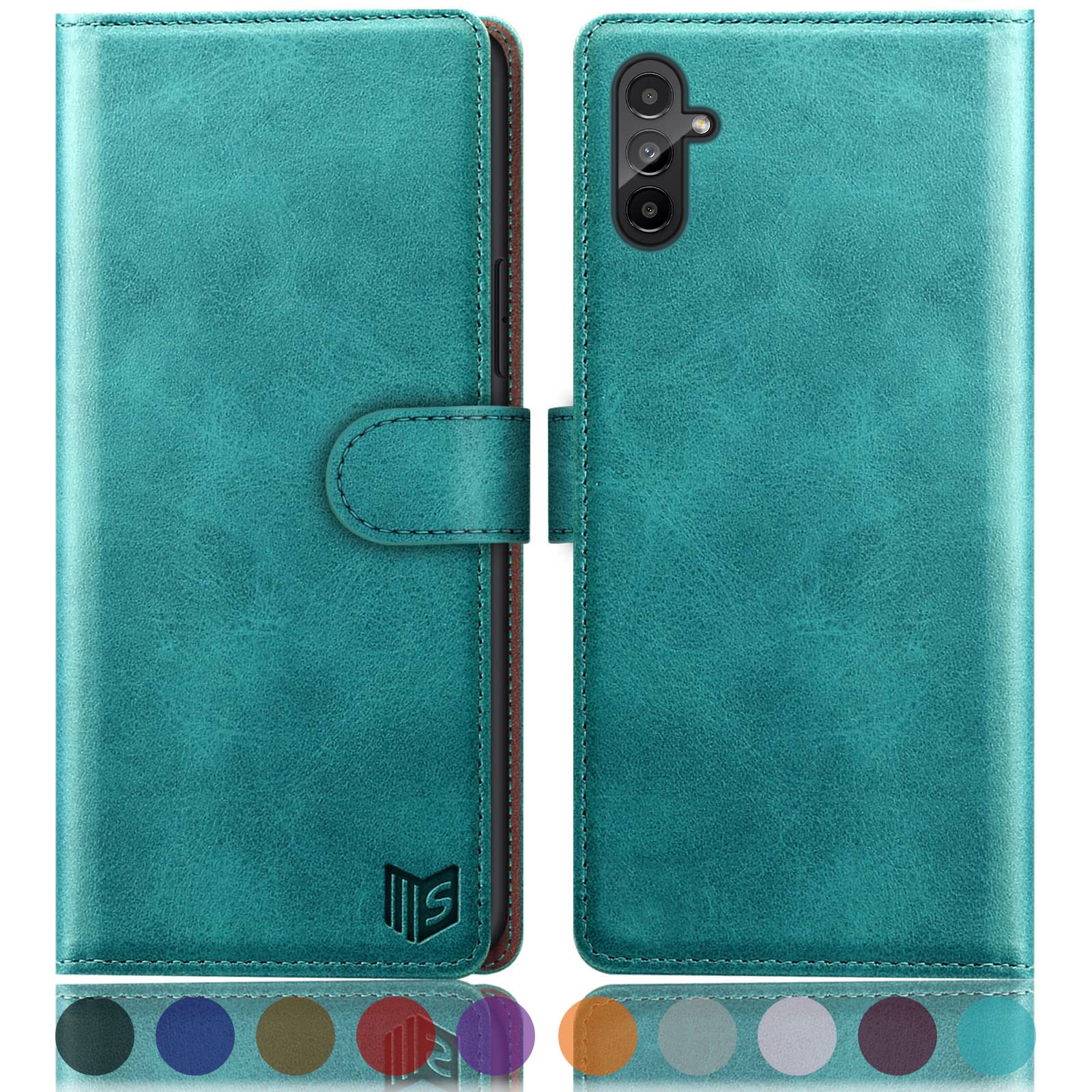 SUANPOT Samsung Galaxy A14 5G Wallet Case with RFID Blocking & Credit Card Holder - PU Leather Flip Book Protective Cover for Women & Men (Blue/Green) - Perfect for Daily Commute, Travel & Contactless Payments