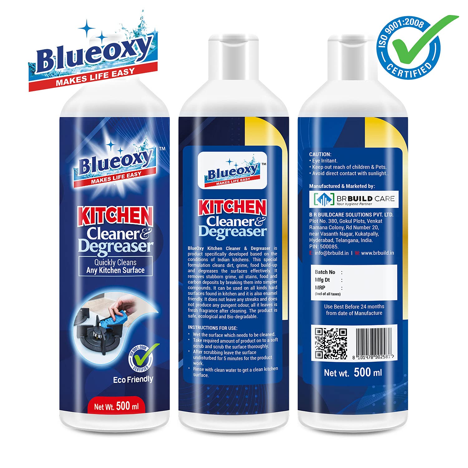 BLUEOXY High-Performance Kitchen Cleaner & Degreaser - Powerful Oil Stain Remover for Stove, Chimney & Glass Cooktops | Eco-Friendly Formula | 500ml (1 Pack) - Perfect for Deep Cleaning Greasy Kitchen Surfaces & Appliances