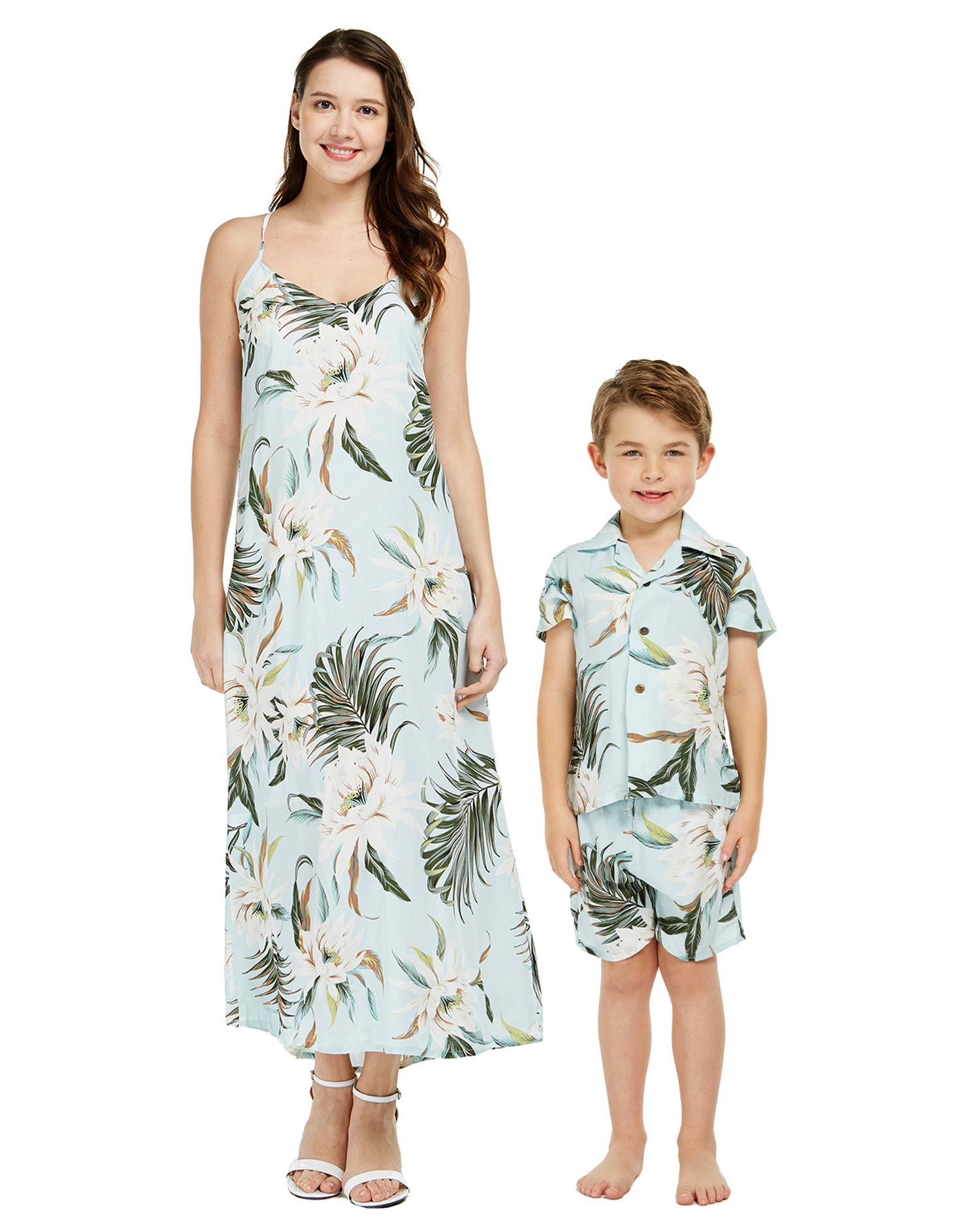 Hawaiian Luau Matching Mother & Son Outfit - Floral Dress & Shirt Set in Wispy Cereus Black | Perfect for Family Vacations, Beach Parties & Tropical Themed Events