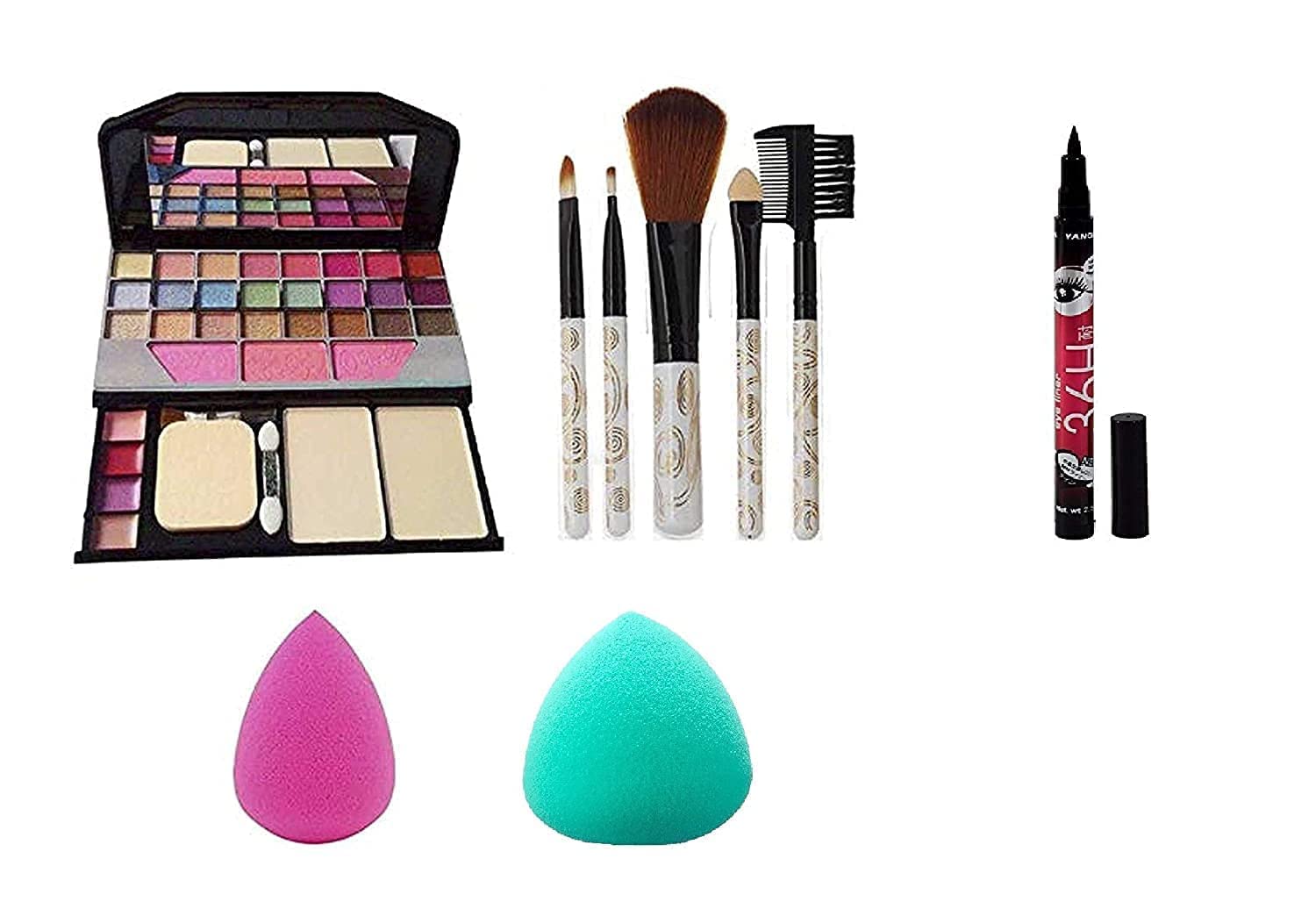 DATNASAYAD 6155 Professional Makeup Kit - 5 White Lightweight Makeup Brushes, 36H Waterproof Liquid Eyeliner & 2 Pink Beauty Blenders - Complete Cosmetic Set for Women & Girls (9-Piece Multicolor) - Perfect for Everyday Makeup, Party Looks & Professional Beauty Application