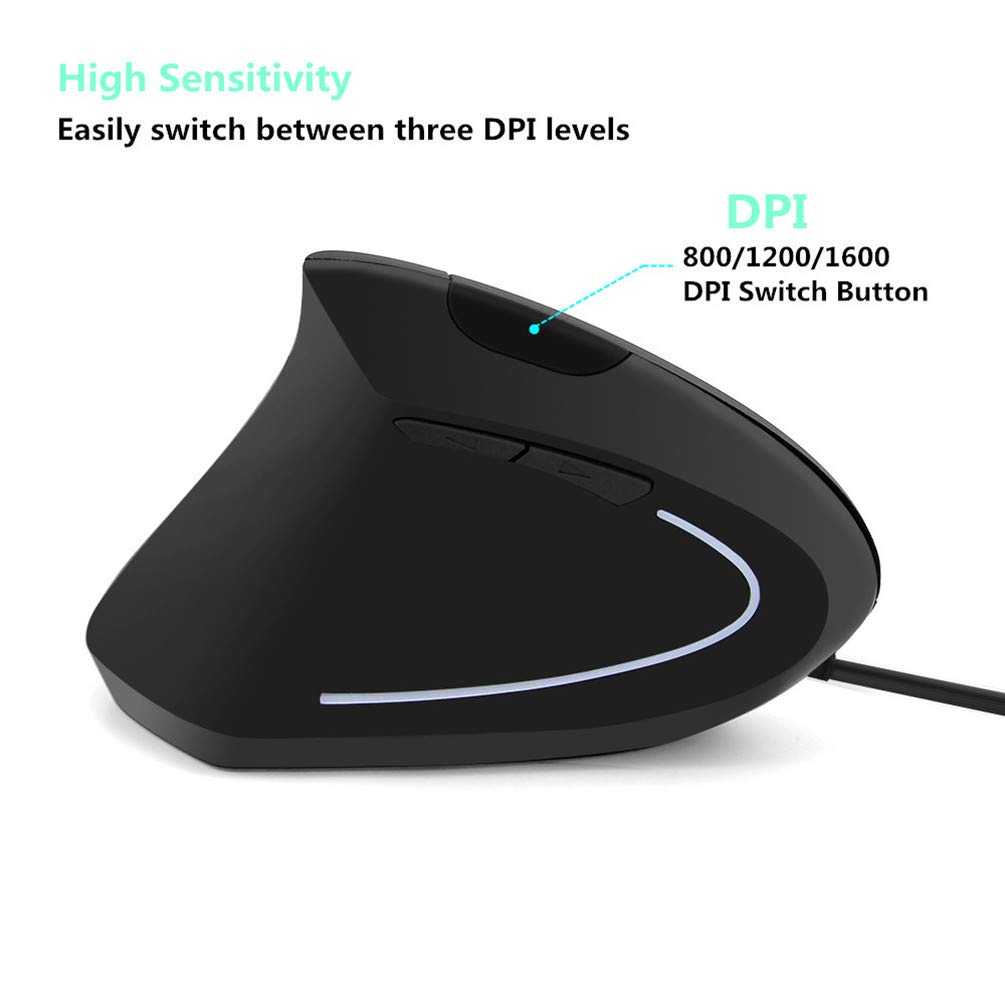 FLY WAY Ergonomic Left Handed Vertical Mouse - USB Wired Gaming Mouse with 800/1200/1600 DPI, 6 Buttons for PC, Laptop, Mac - Perfect for Office Work, Graphic Design & Long Computer Sessions (Left Hand Edition)