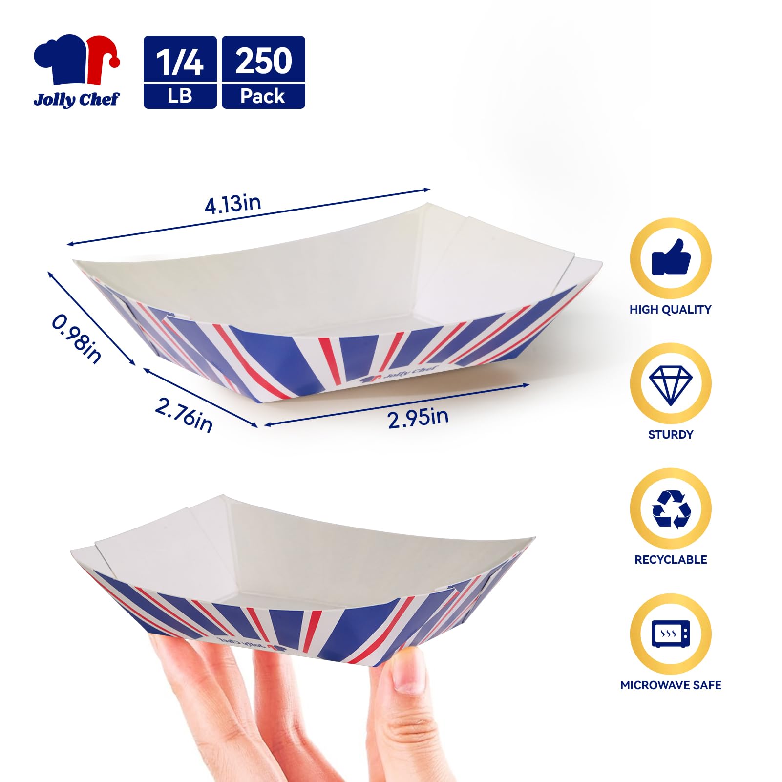 JOLLY CHEF 250 Pack 1/4 Lb Disposable Paper Food Trays - Mini Serving Boats for Snacks, Desserts, Tacos, Nachos - Perfect for Parties, Catering & Takeout