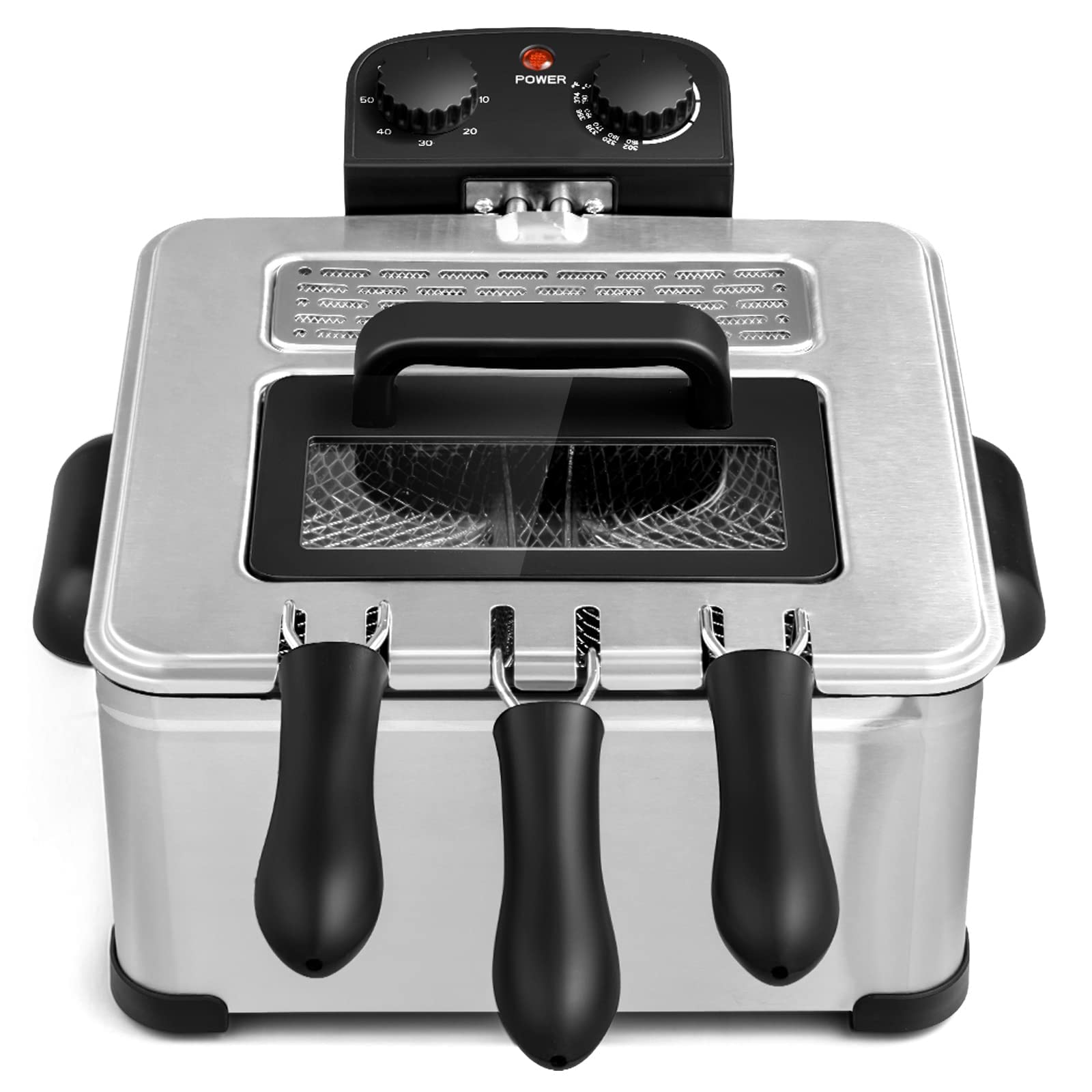 Giantex 1700W Commercial Electric Deep Fryer with 3 Baskets - 5.3QT/21-Cup Capacity, Large Oil Container, View Window Lid, Adjustable Temp & Timer - Perfect for Home Kitchen, Restaurant & Party Cooking