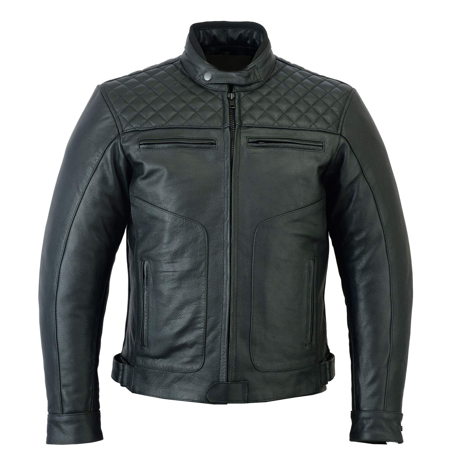 Men's Quilted Cafe Racer Motorcycle Jacket - Black Armored Padded Biker Leather Coat | Premium Cowhide for Riding & Street Fashion