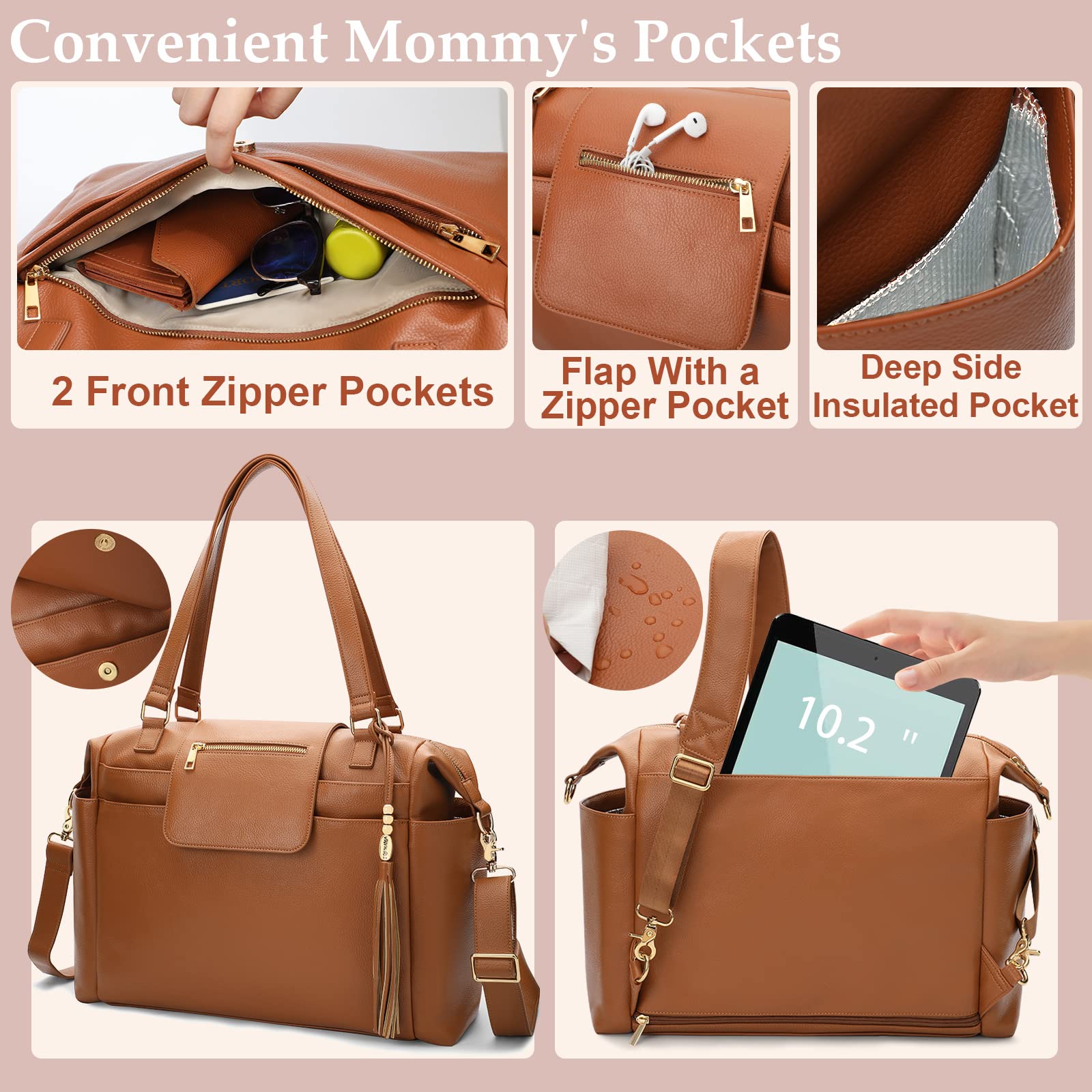Premium Leather Diaper Bag Backpack - Large Tote with 14 Organizing Pouches, Changing Pad, Crossbody Straps & 4 Insulated Pockets (Brown) - Perfect for Baby Essentials, Travel & On-the-Go Parents