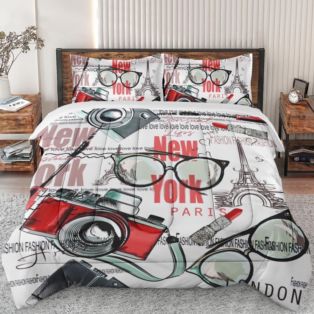King Size Comforter Set - Paris Retro Vintage Lipstick Soft Bedding for Kids & Adults with 2 Pillowcases | Camera Glasses Print Bedroom Decor for Cozy Nights & Stylish Home Makeover