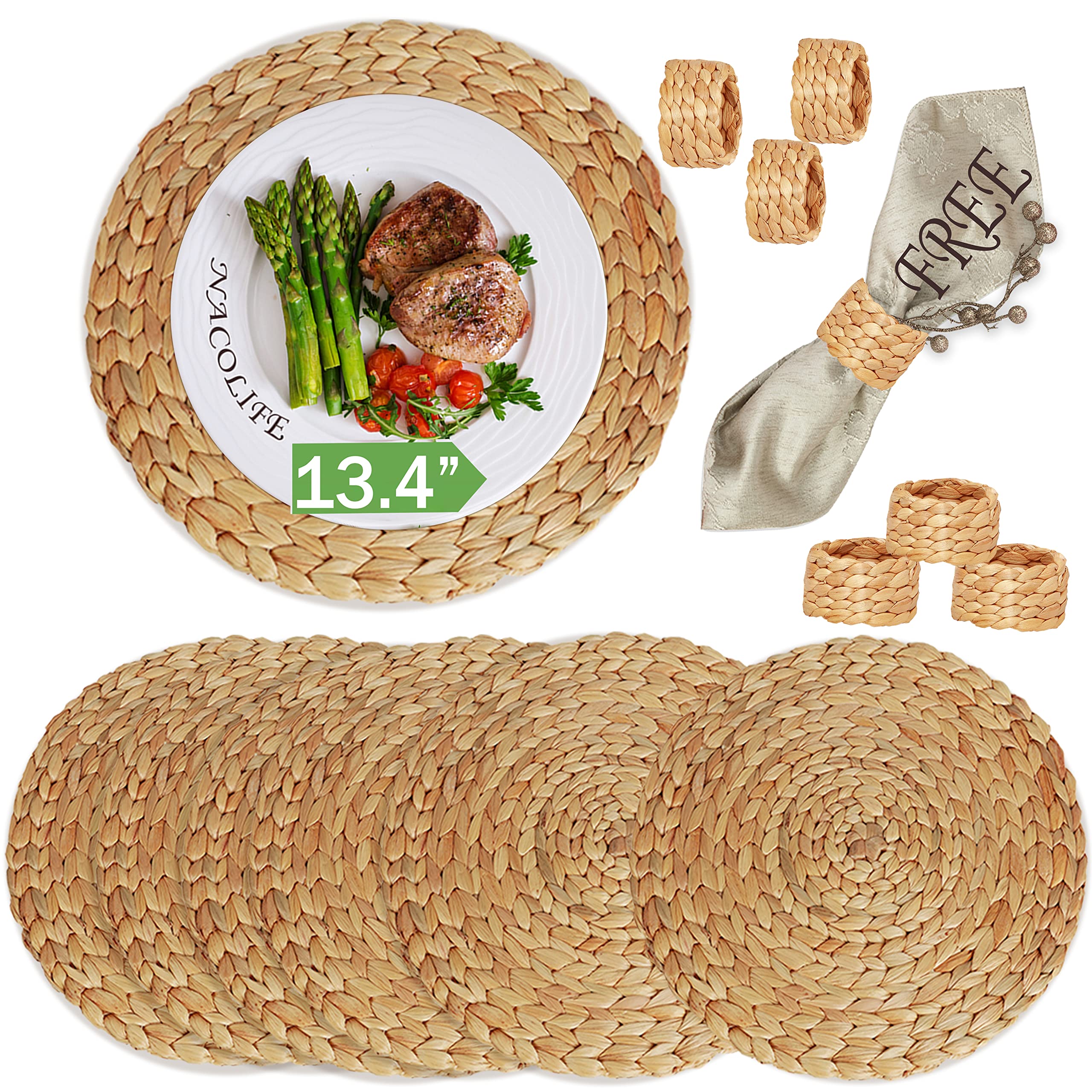Premium Woven Wicker Placemats Set of 6 with Napkin Rings - 13.4