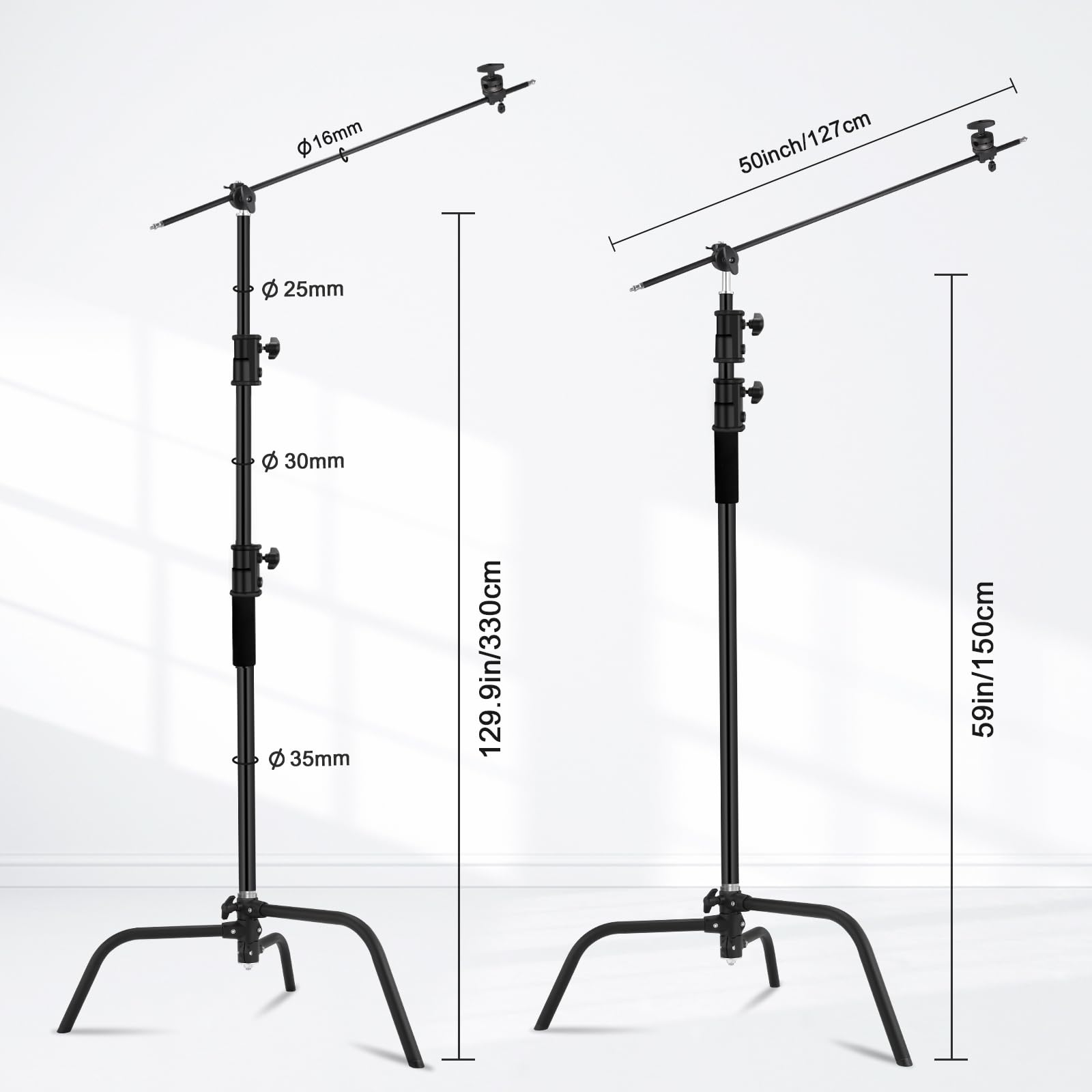 Heavy Duty 10.8ft/330cm Stainless Steel C Stand with 4.2ft/128cm Holding Arm & Carry Bag - 44LB/20KG Load Capacity Adjustable Studio Light Stand for Photography, Video, Monolight & Softbox Shooting - Perfect for Studio, Outdoor & On-Location Productions