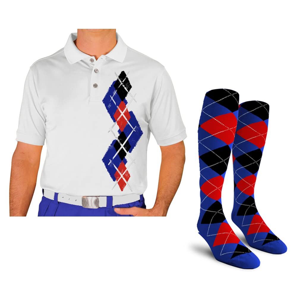 Men's Dry Fit Short Sleeve Graphic Golf Polo Shirt with Matching Socks - Argyle Paradise Design (Sizes 5A-5Z) | Breathable Performance Shirt for Golf, Tennis & Casual Wear