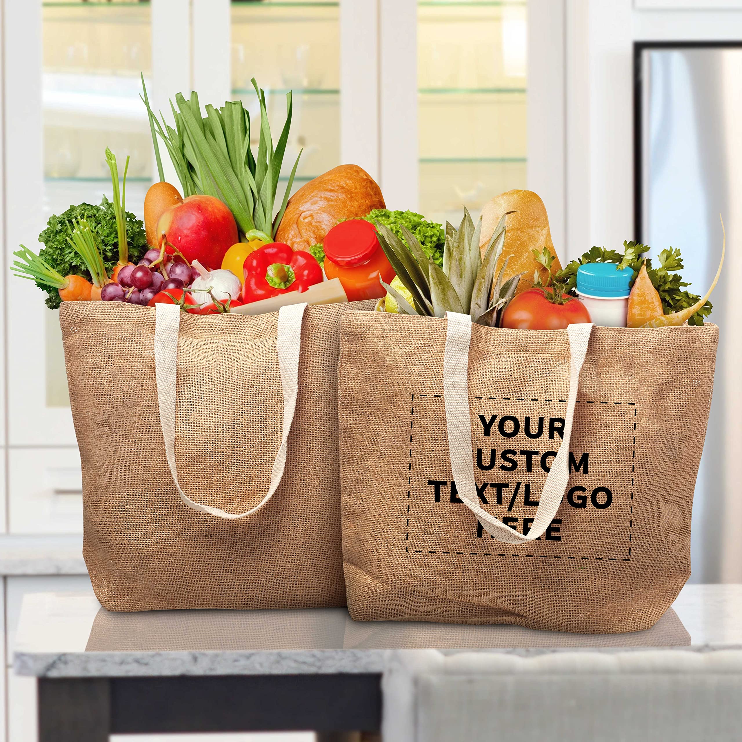 50 Pack Natural Jute Fiber Tote Bags with Custom Text & Logo - Eco-Friendly Reusable Grocery Bags with Sturdy Webbing Handles for Shopping, Beach, Farmers Market & Everyday Use