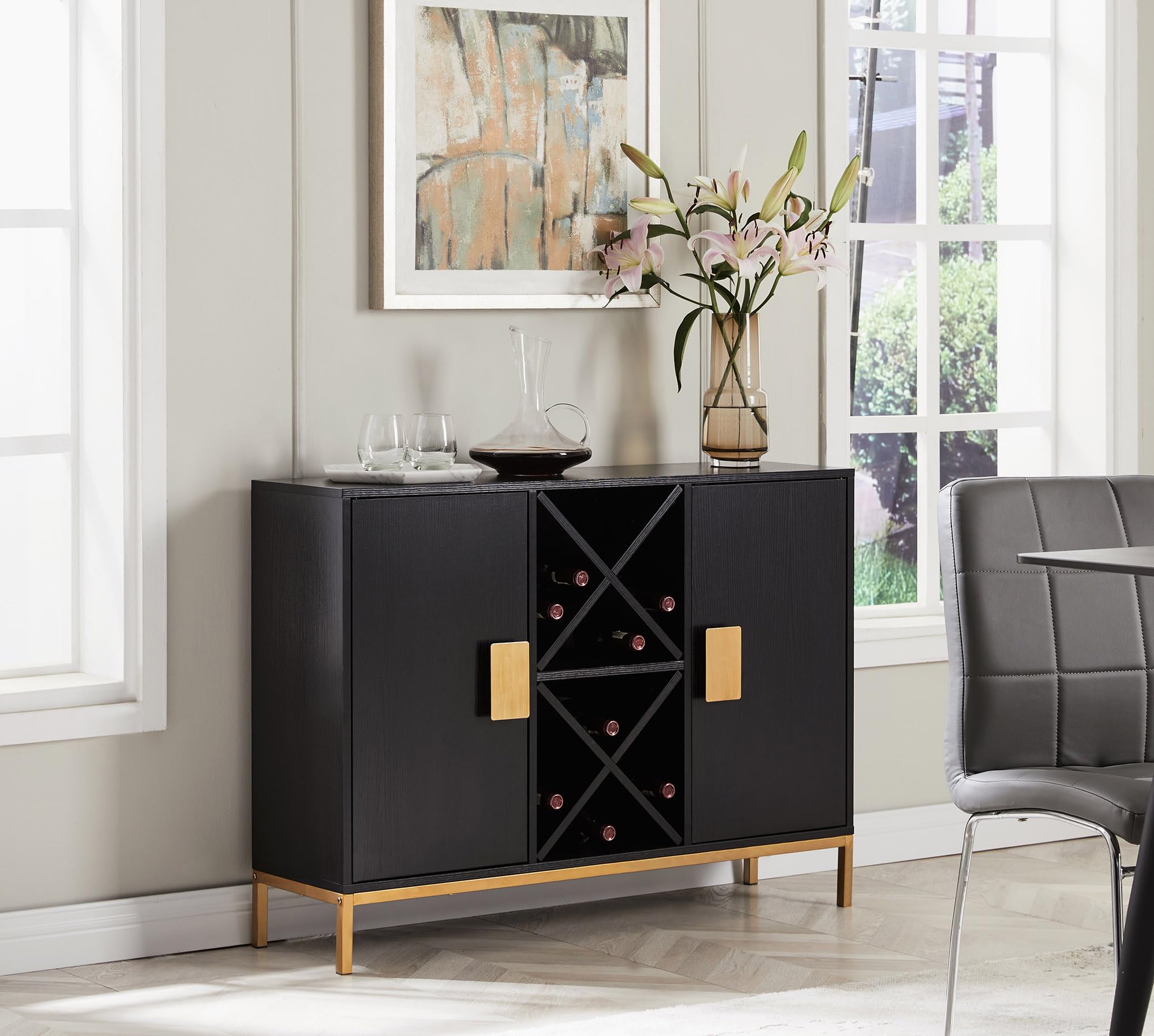Kings Brand Furniture - Black Wine Liquor Bar Buffet Sideboard Cabinet with Wine Rack Storage for Kitchen & Dining Room | Perfect for Home Bar, Entertaining & Dining Room Organization