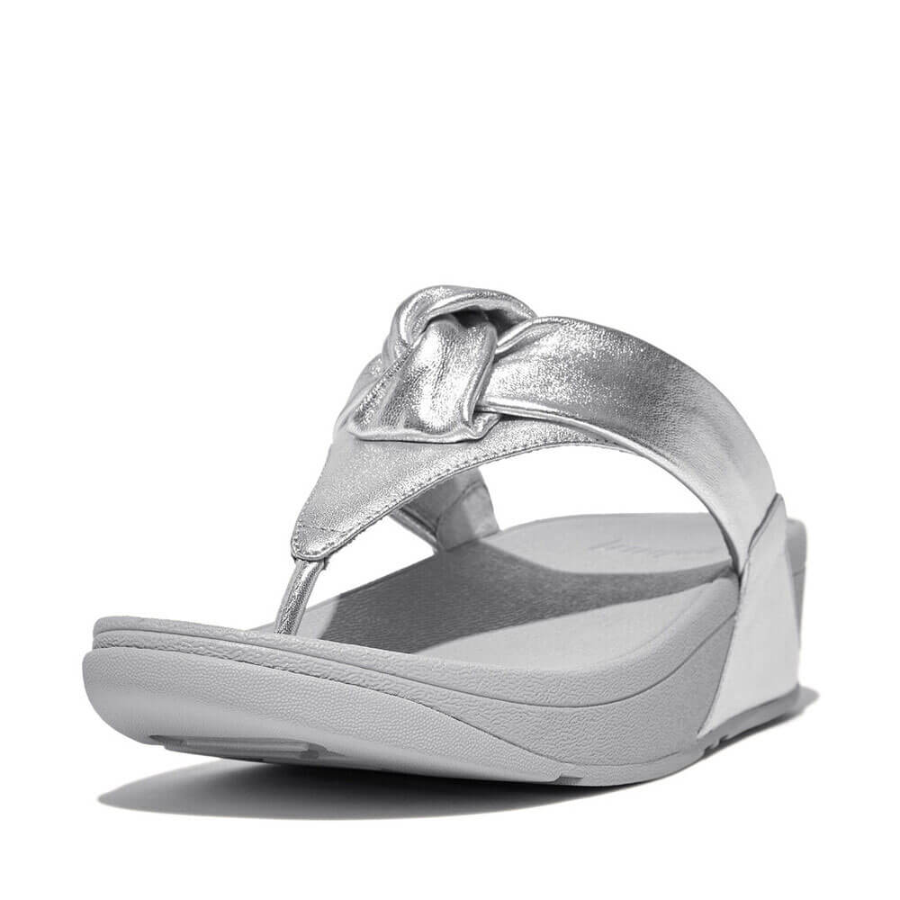 FitFlop Lulu Padded Knot Metallic Leather Toe Post Sandals for Women - Comfortable Orthopedic Flip Flops with Arch Support - Silver | Perfect for Beach, Pool, and Summer Vacation